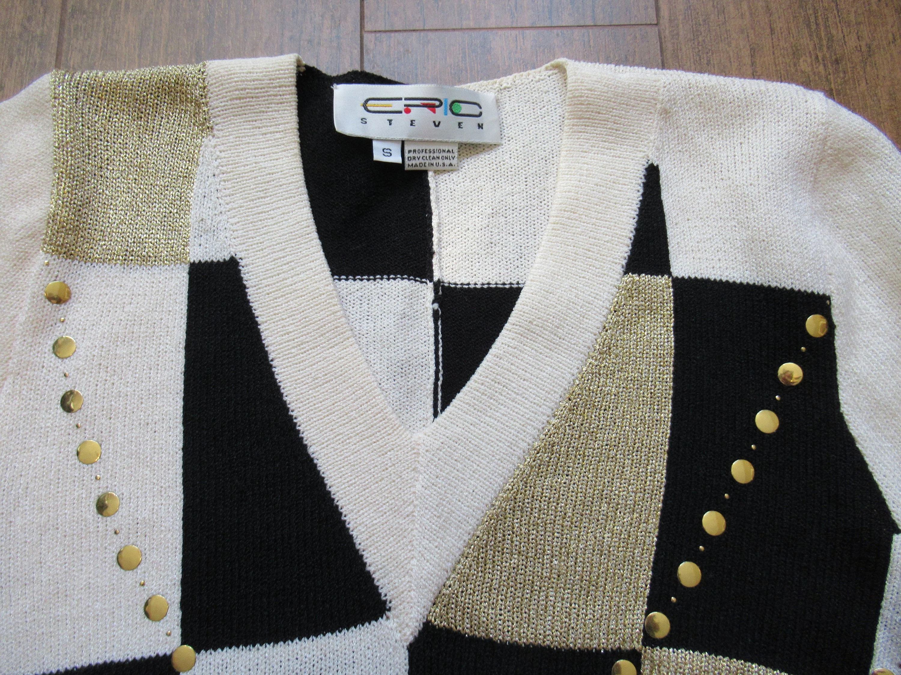 80s Pullover Sweater Eric Steven Glam Long Sleeves White Black and Gold Blocks W Gold Dots In V-Shape Very Warm and Wearable by Eric Steven - Image 2