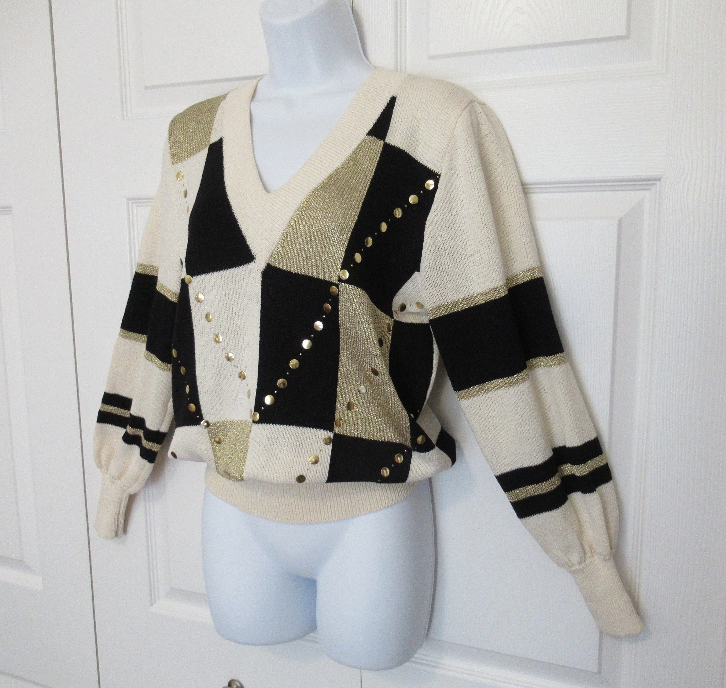 80s Pullover Sweater Eric Steven Glam Long Sleeves White Black and Gold Blocks W Gold Dots In V-Shape Very Warm and Wearable by Eric Steven - Image 5