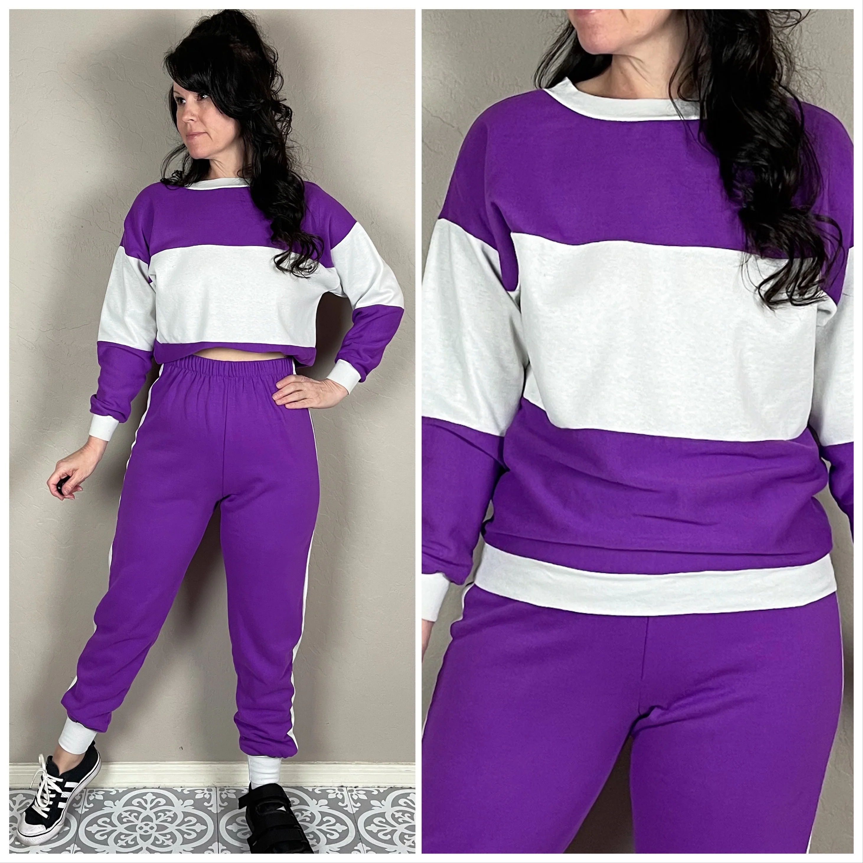 80s Purple And White Colorblock Two Piece Sweatsuit - Image 2