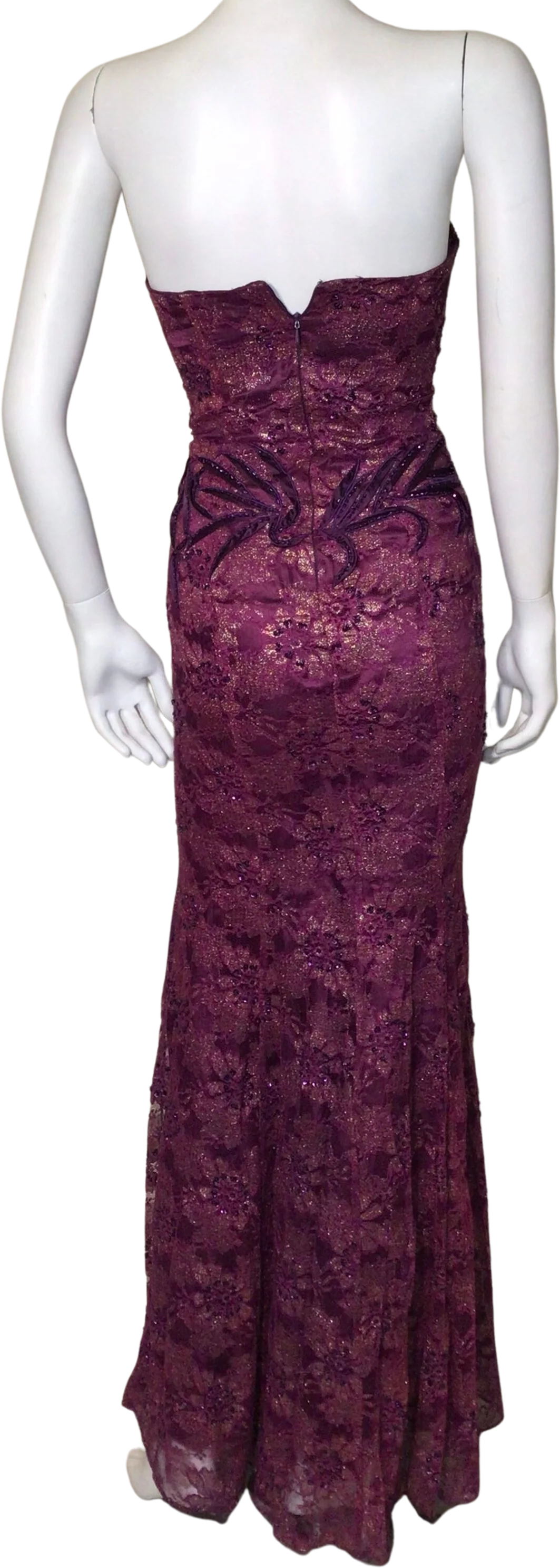 80s Purple Bead Lace Rhinestone Strapless Maxi Dress By May Queen Couture - Image 2