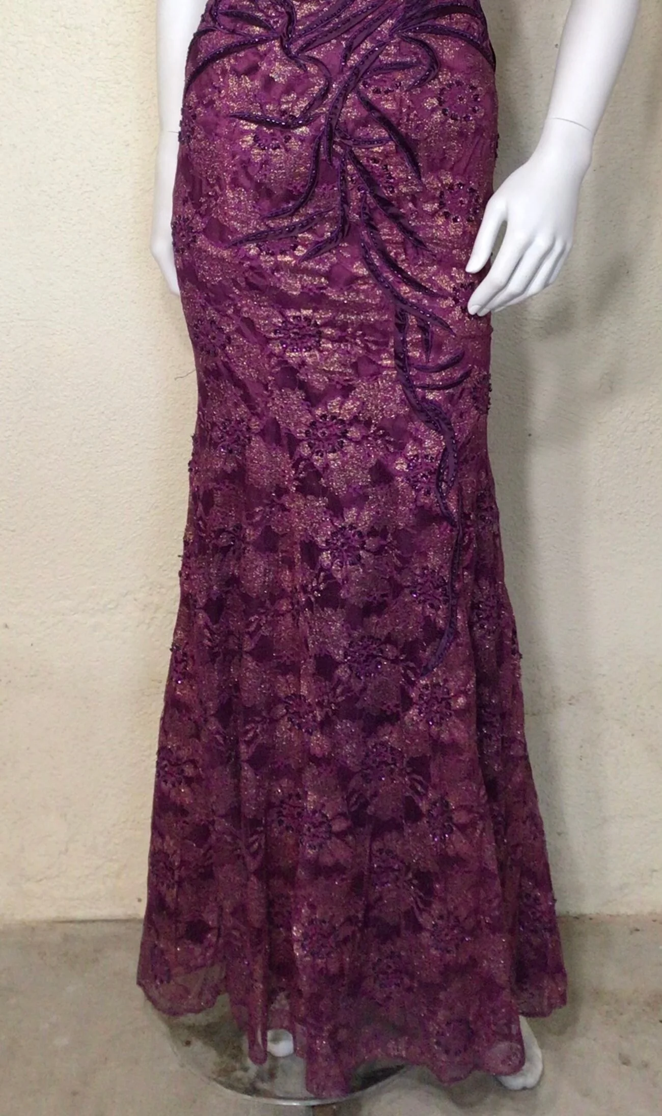 80s Purple Bead Lace Rhinestone Strapless Maxi Dress By May Queen Couture - Image 4