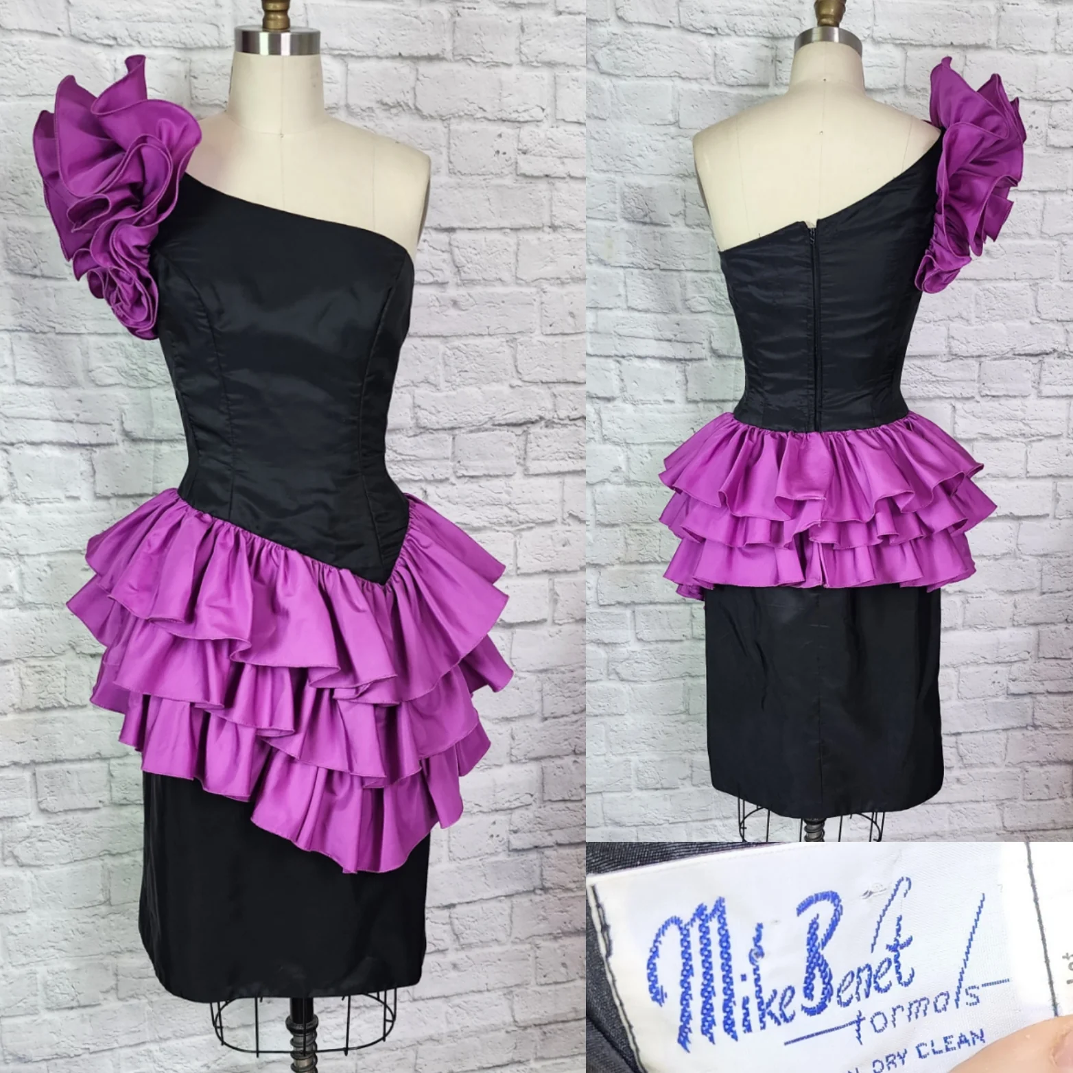 80s Purple Black Ruffle Mini Prom Dress One Shoulder By Mike Benet - Image 3