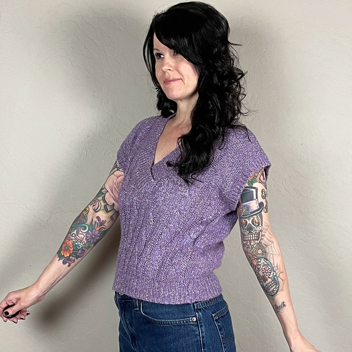 80s Purple Cable Knit V-neck Sweater Vest By Evian Ltd - Image 3