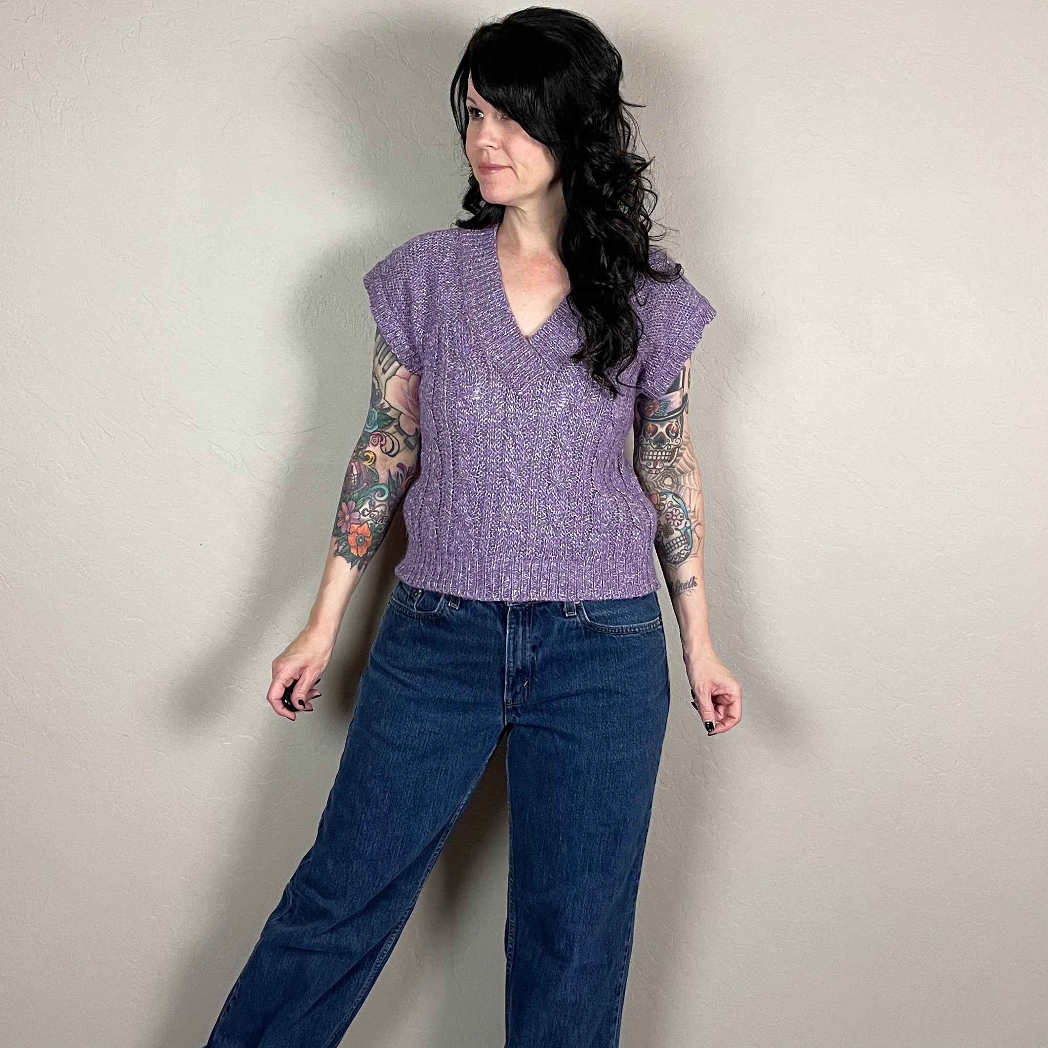 80s Purple Cable Knit V-neck Sweater Vest By Evian Ltd - Image 5