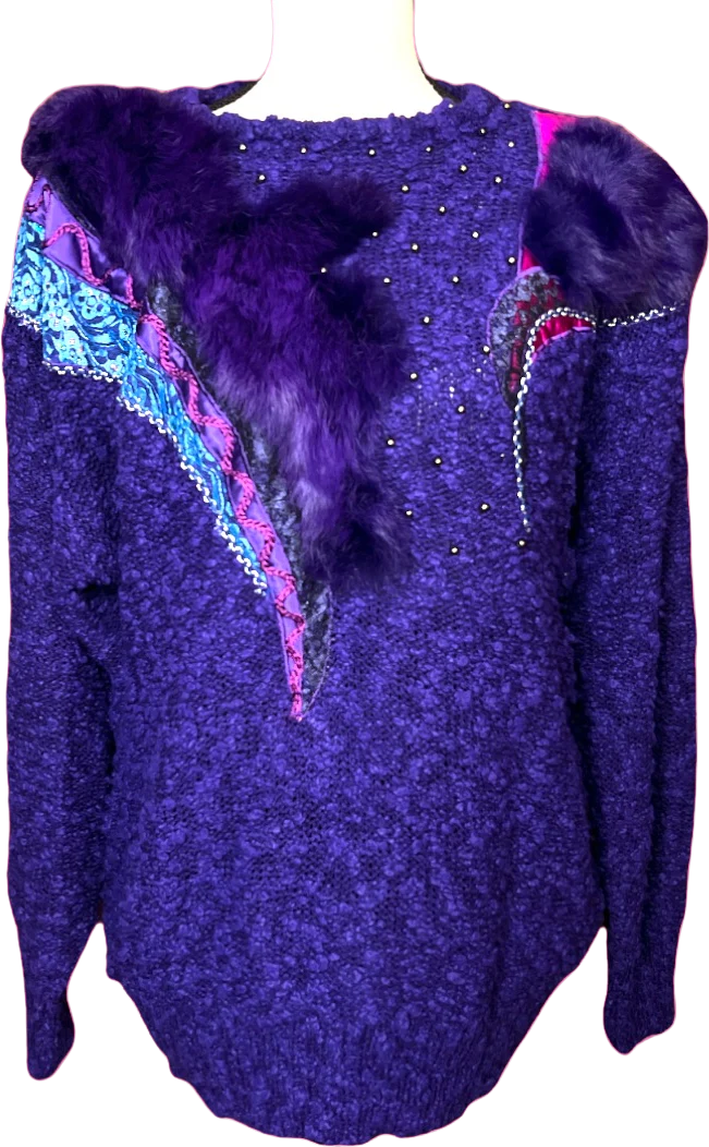 80s Purple Fur Turquoise Lace Dilver Stud Sweater Nwt By 20ans Mariea Kim