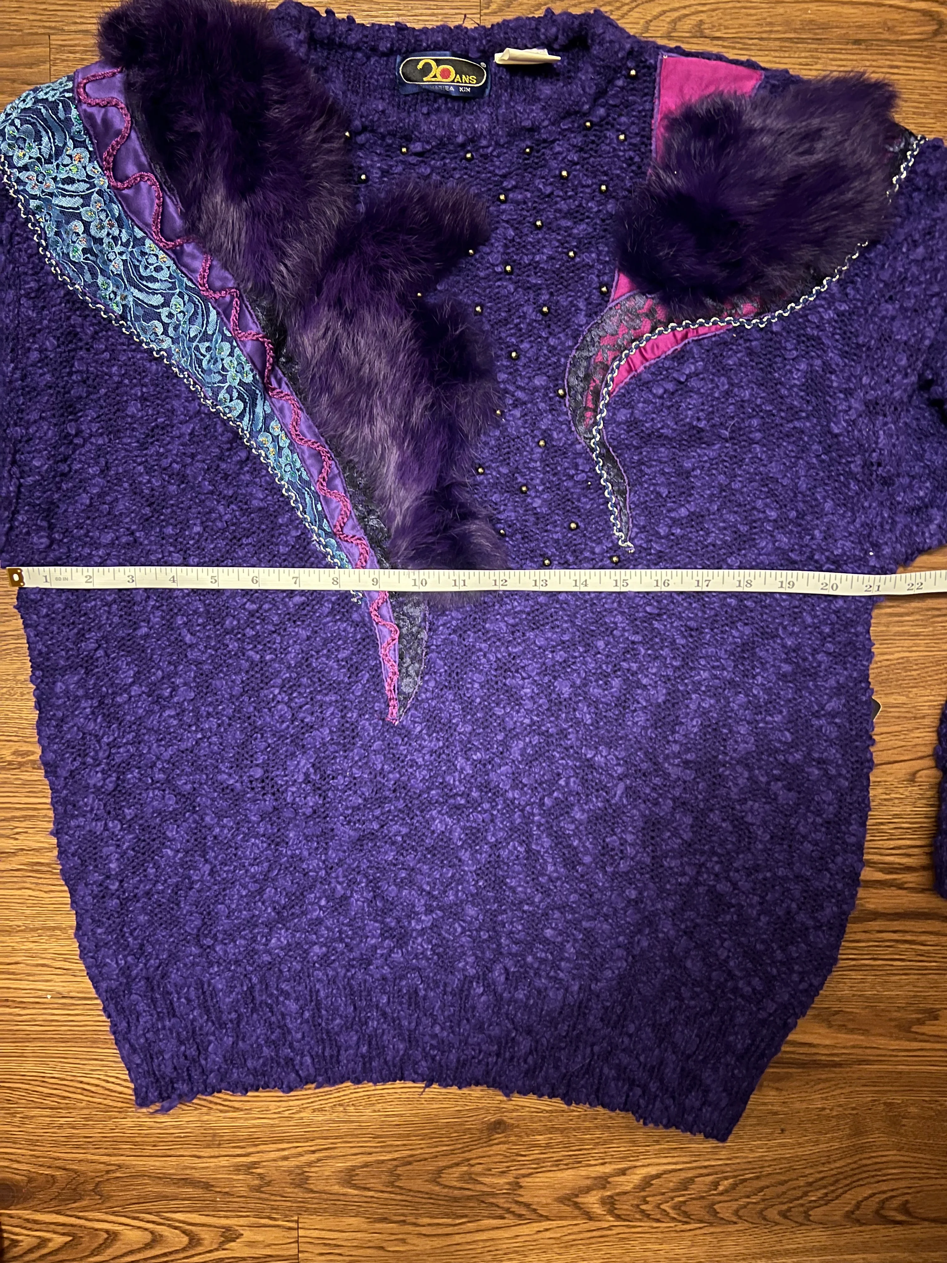 80s Purple Fur Turquoise Lace Dilver Stud Sweater Nwt By 20ans Mariea Kim - Image 12