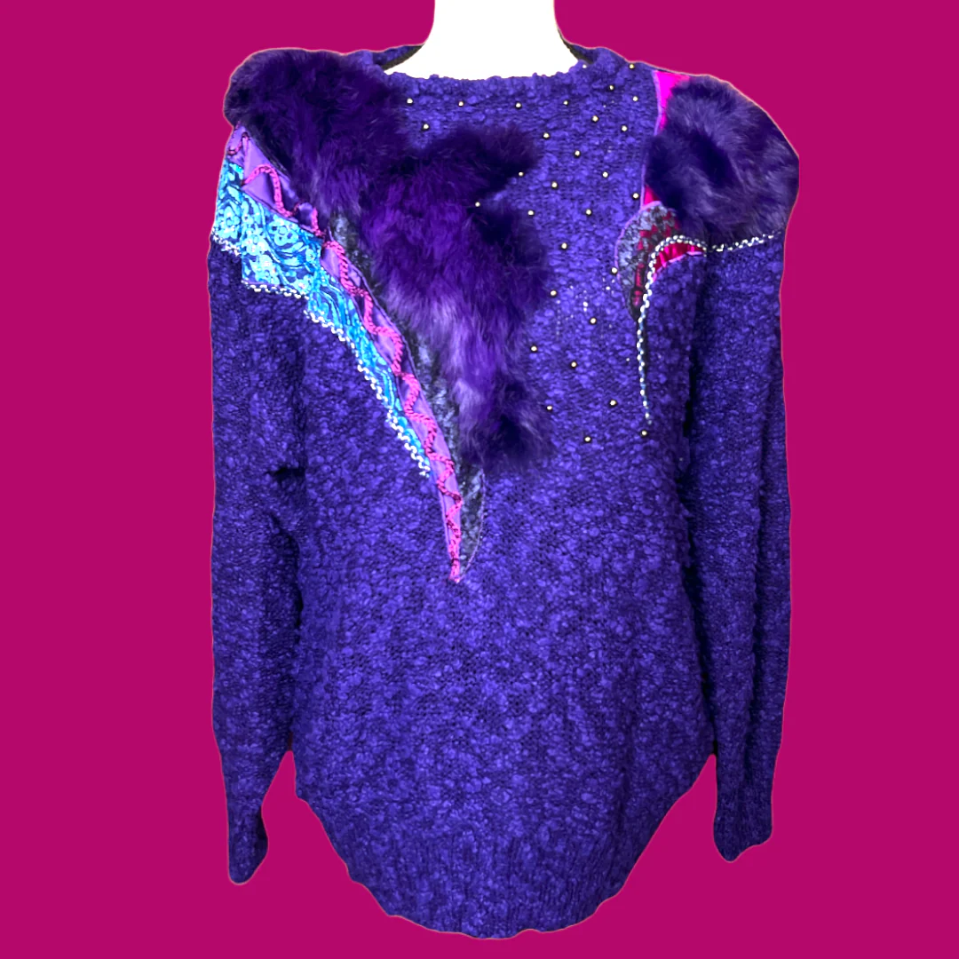 80s Purple Fur Turquoise Lace Dilver Stud Sweater Nwt By 20ans Mariea Kim - Image 2