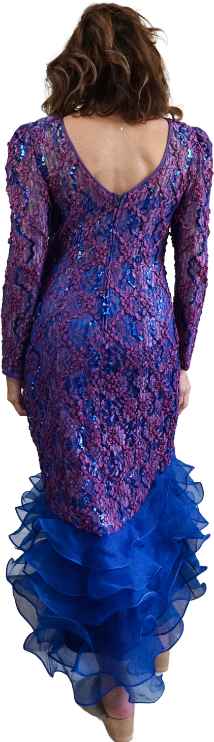 80s Purple Ribbon Lace Blue Sequin Frothy Ruffle Dress By Michael Maiello for Pat Richards - Image 2