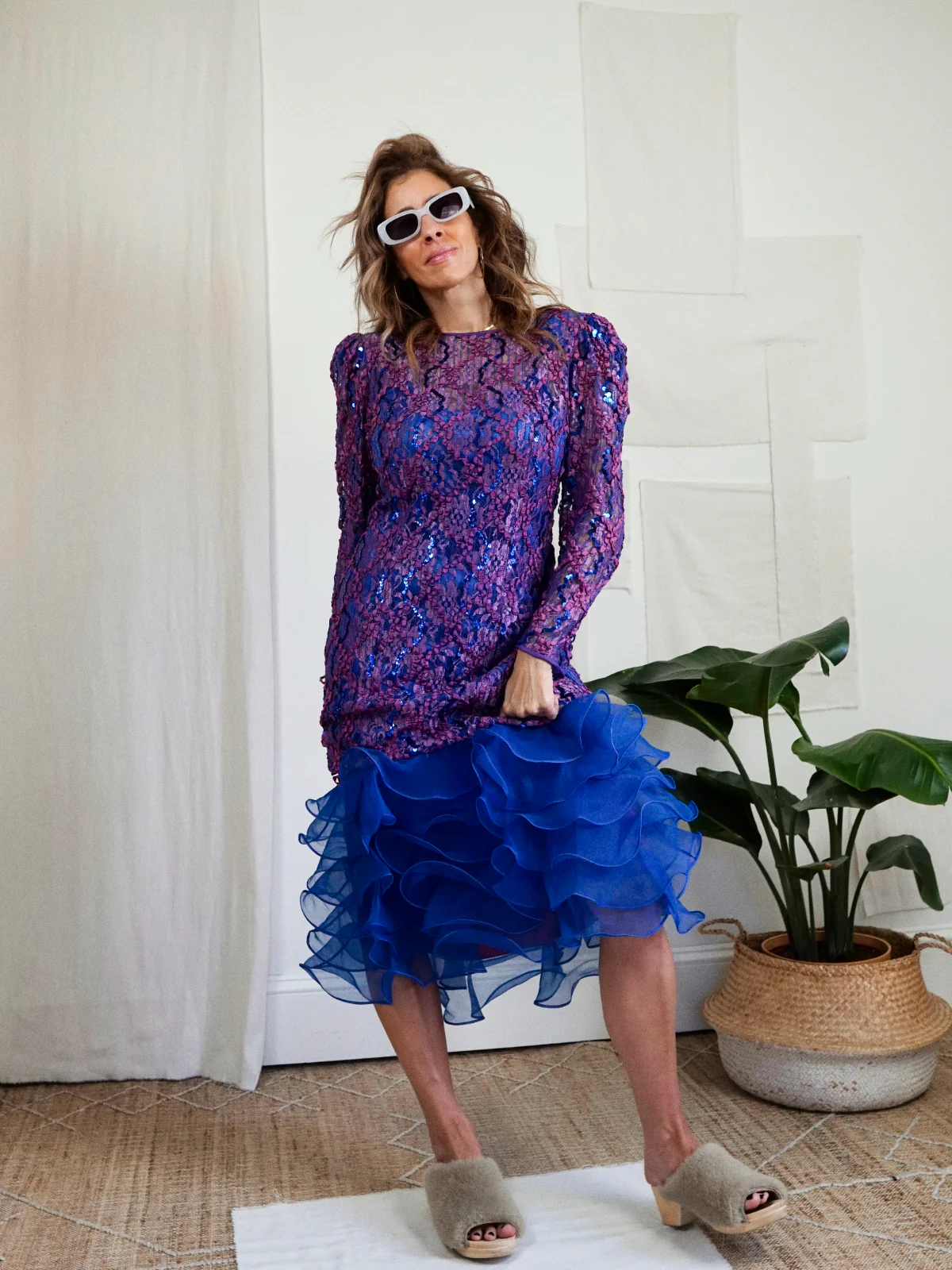 80s Purple Ribbon Lace Blue Sequin Frothy Ruffle Dress By Michael Maiello for Pat Richards - Image 3
