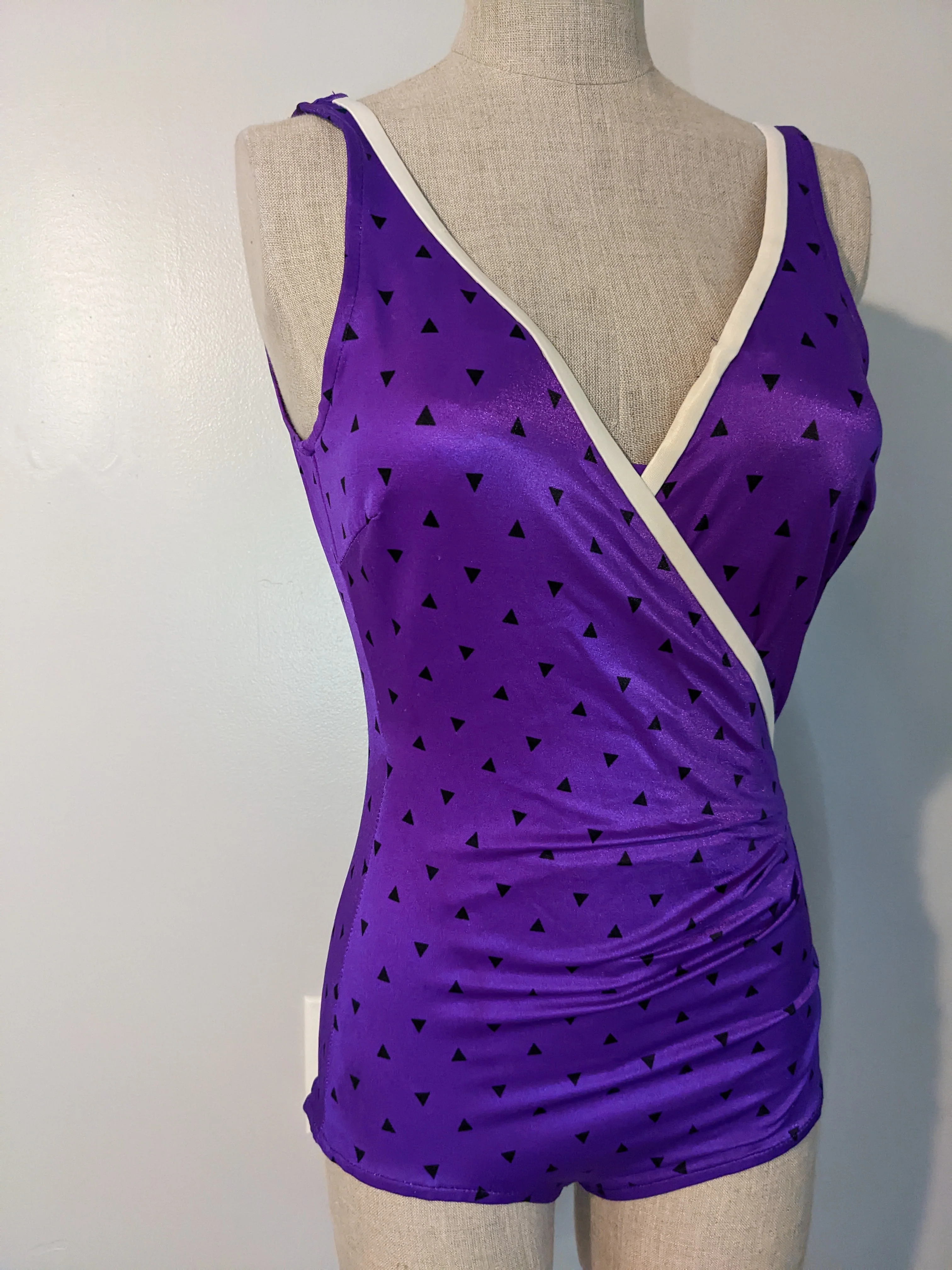 80s Purple Triangle One Piece Swimsuit By Maxine of Hollywood - Image 3
