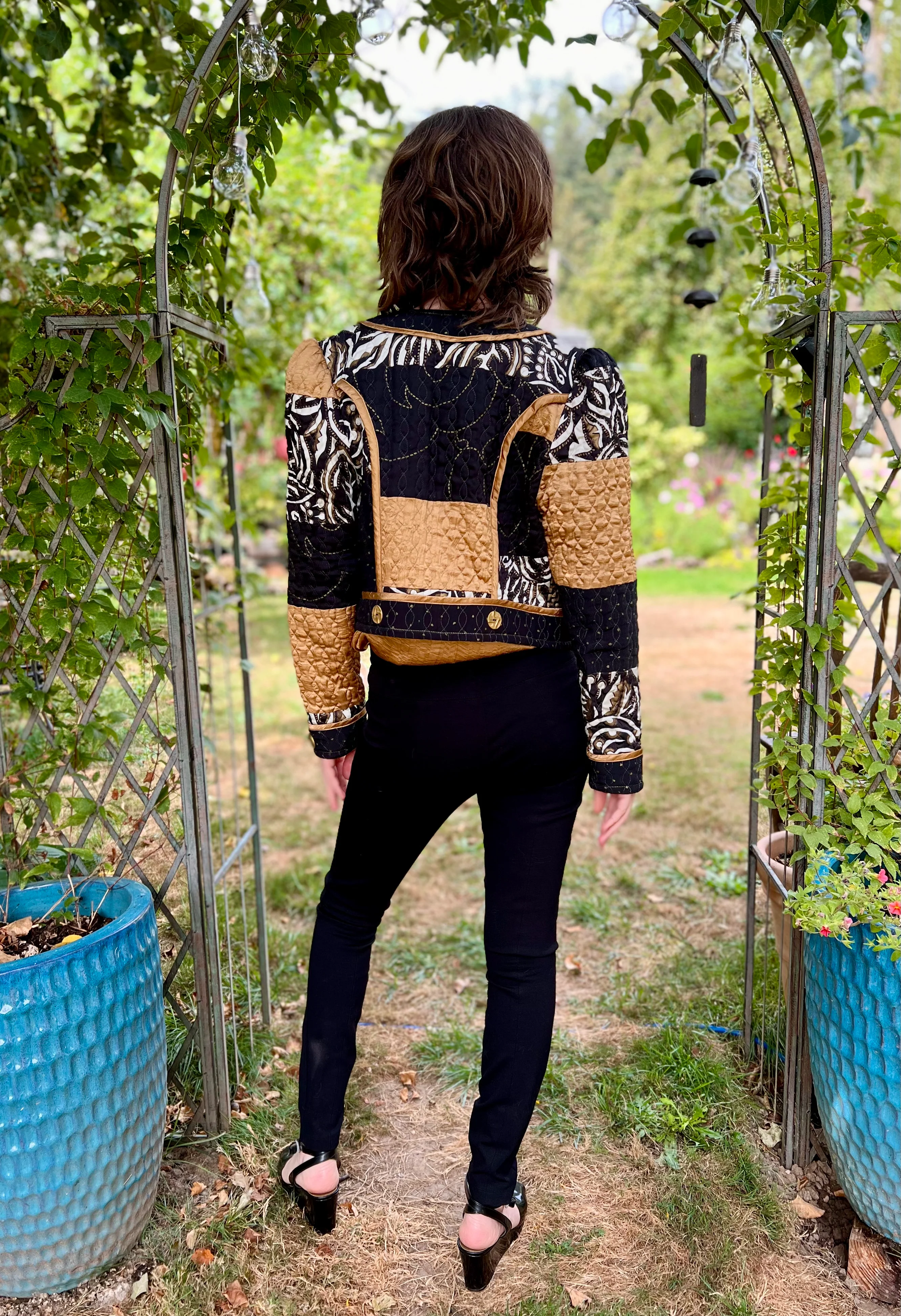 80s Quilted Patchwork Jacket And Gold Blouse Set By Jeanne Marc - Image 9