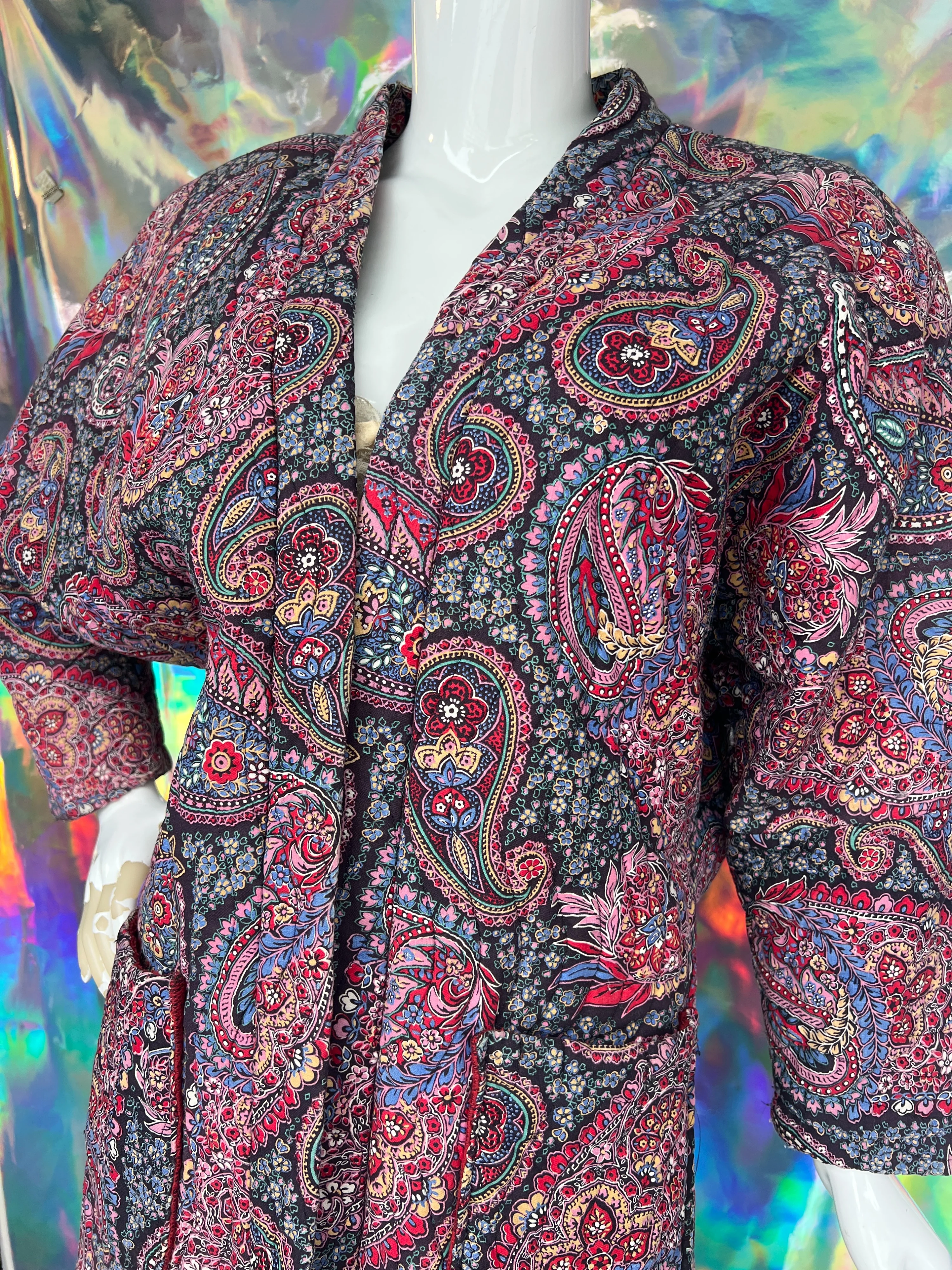 80s Quilted Pink and Red Floral Open Coat  by Paulette King - Image 5