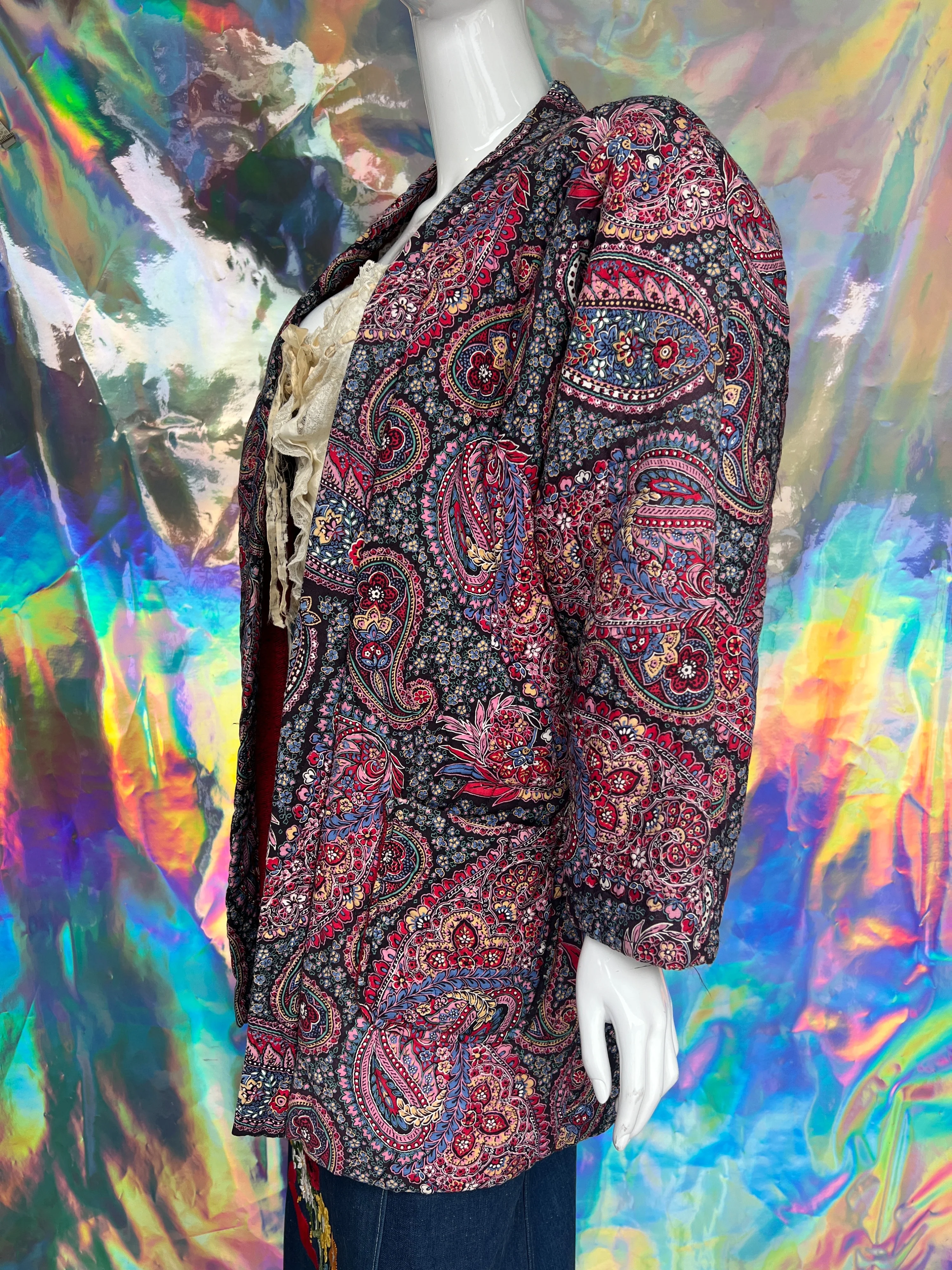80s Quilted Pink and Red Floral Open Coat  by Paulette King - Image 8