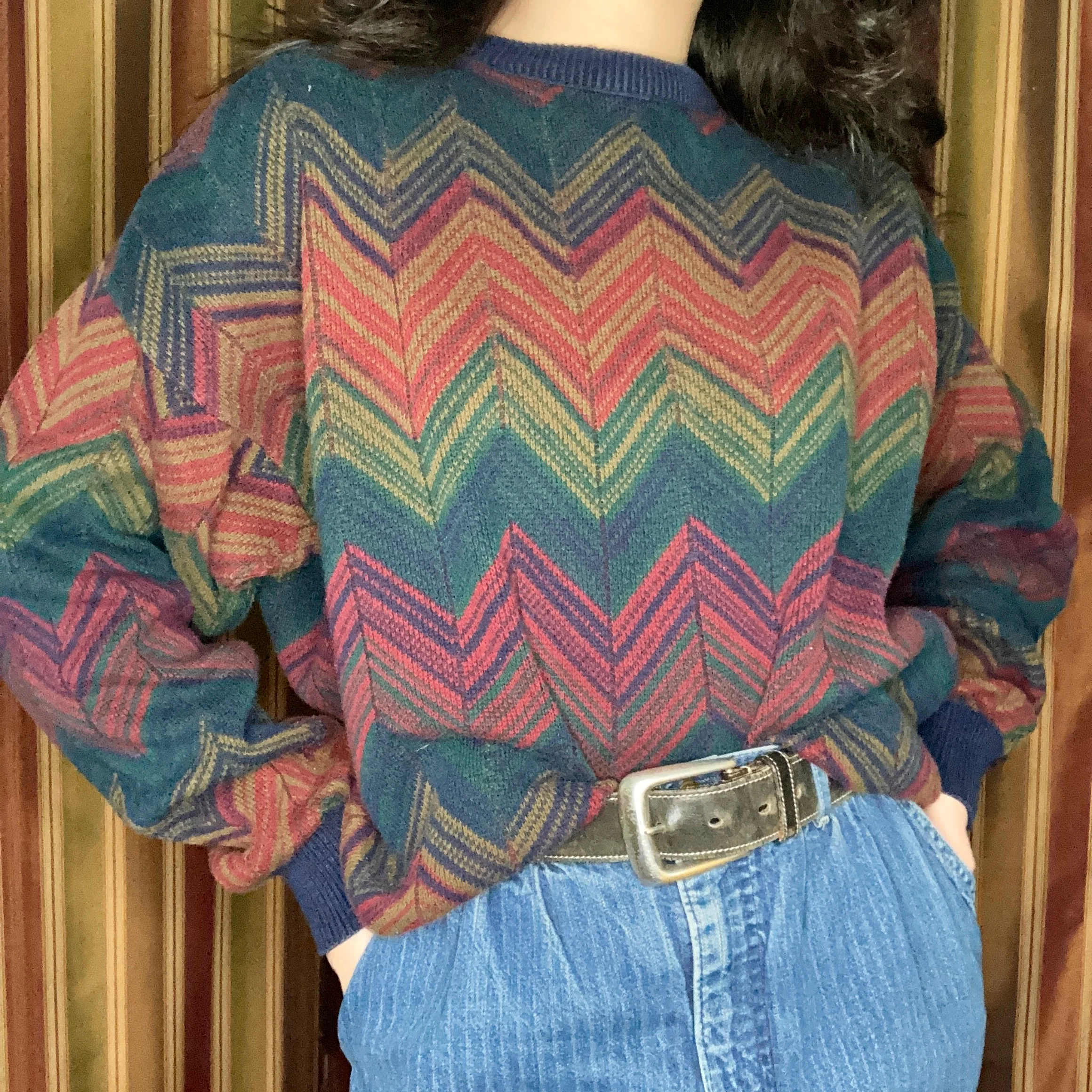 80s Rainbow Zig Zag Pattern Knitted Crewneck Sweater By Puritan - Image 2