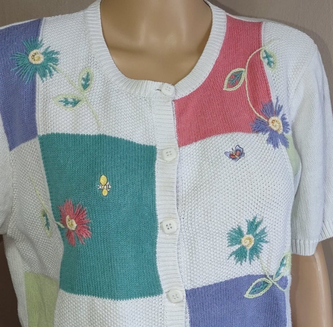 80's Cotton Floral Colorblock Cardigan Sweater by Alfred Dunner - Image 4