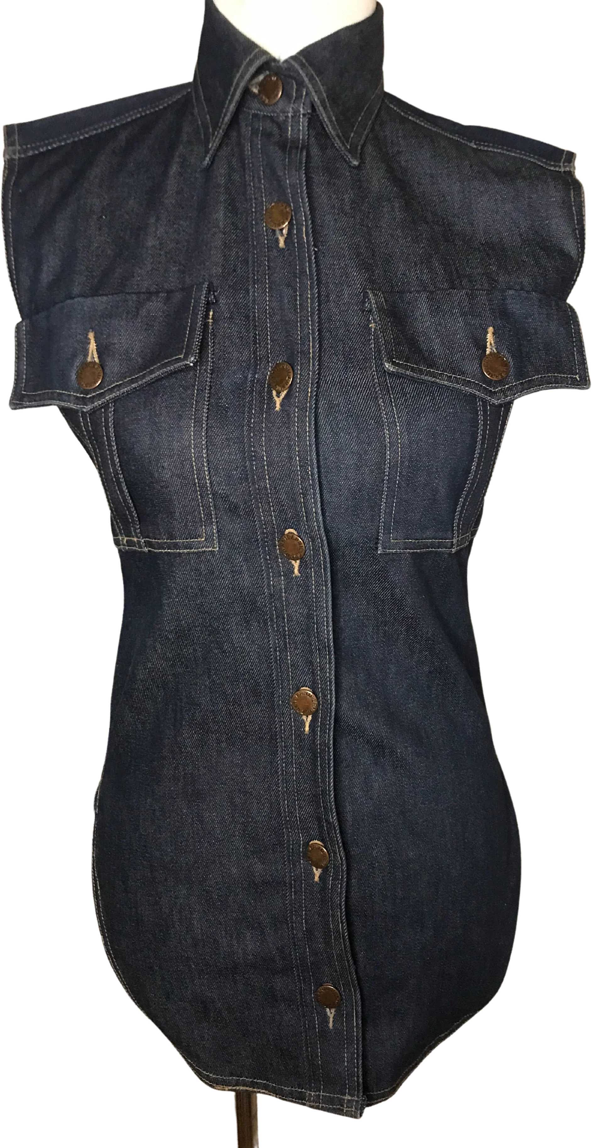 80s Raw Denim Button Up Jean Vest Sleeveless Blouse By Norma Kamali