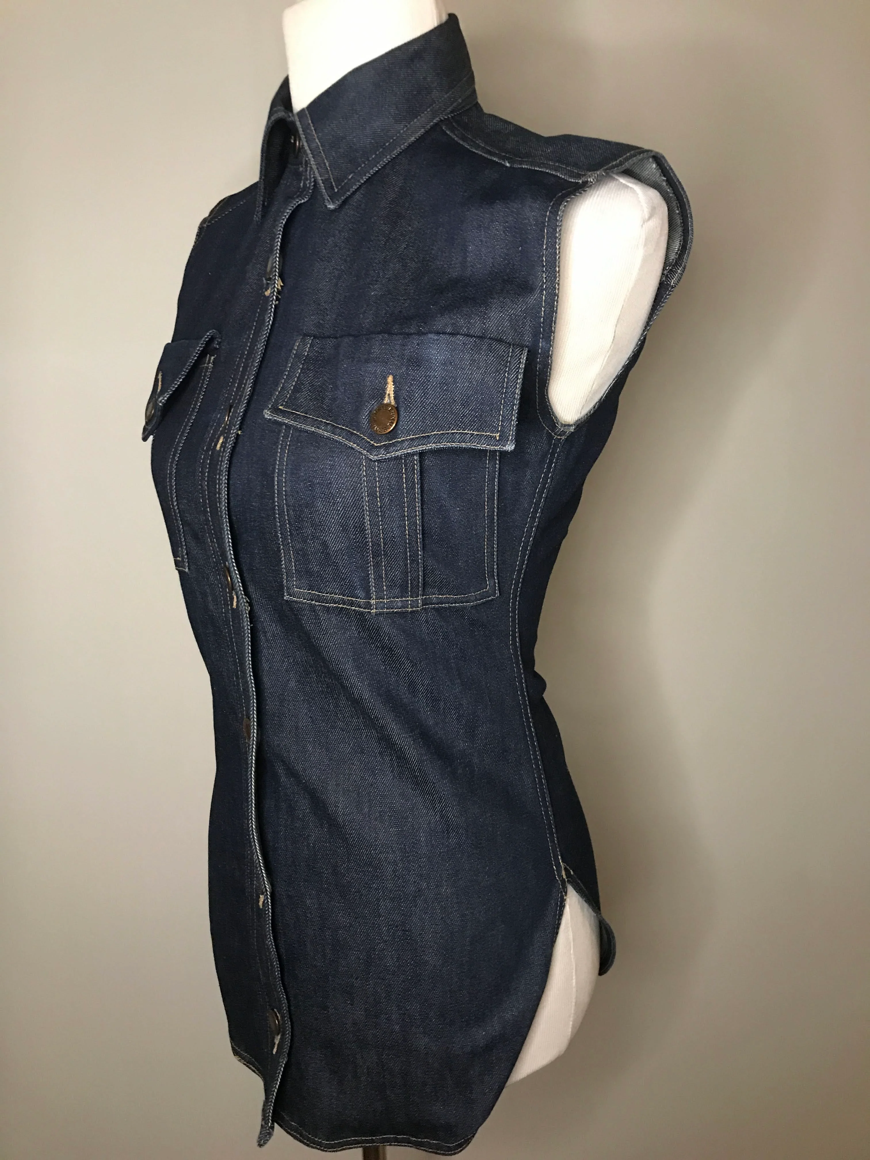80s Raw Denim Button Up Jean Vest Sleeveless Blouse By Norma Kamali - Image 6