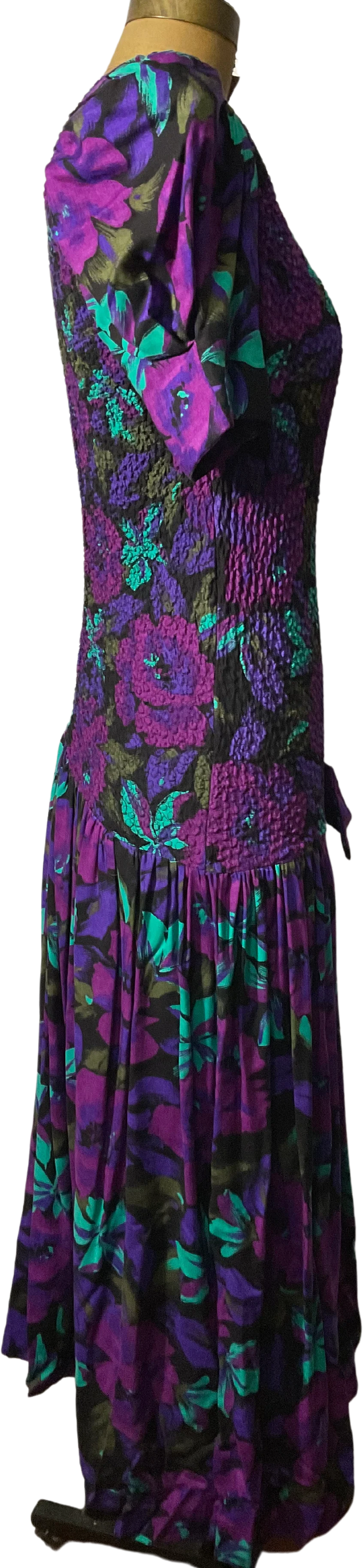 80s Rayon Fuscia Floral Era Iconic Demure Hotty Dress By Act 1 New York - Image 3