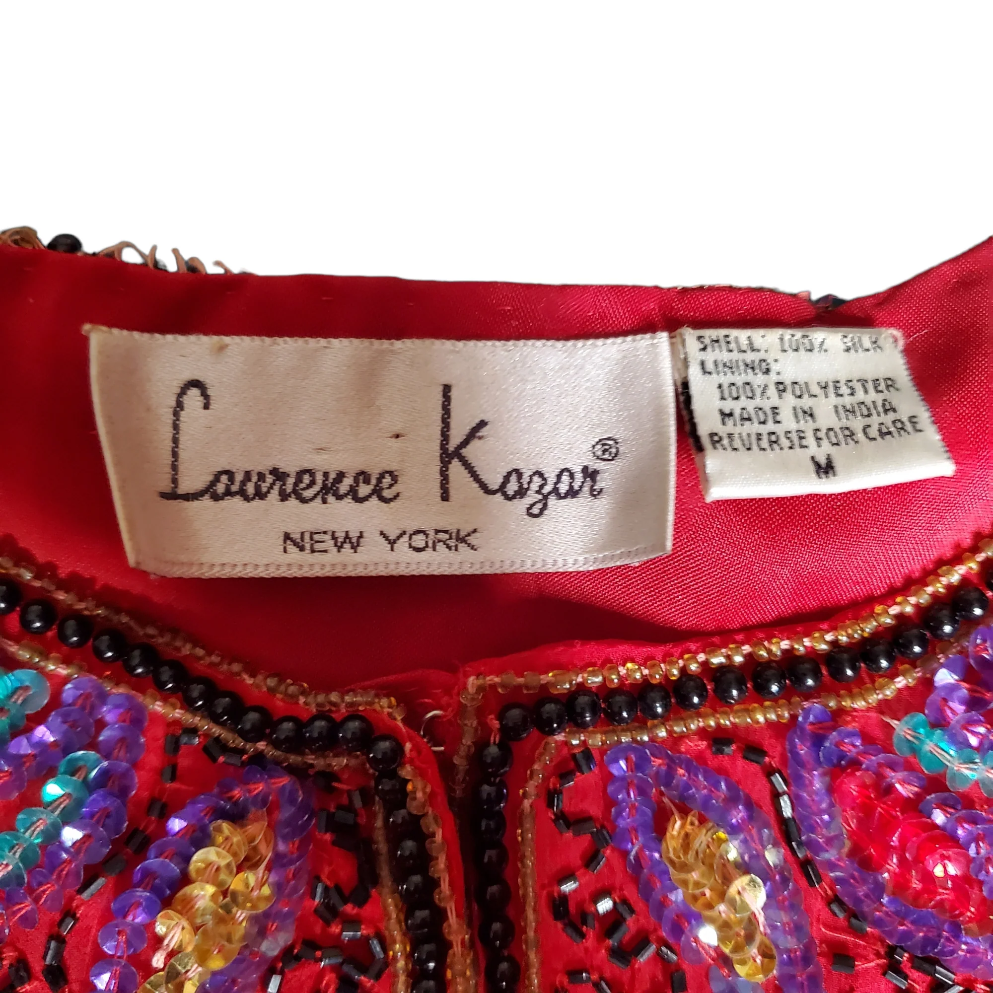 80s Red 100% Silk Bead Embellished Evening Jacket By Laurence Kazar - Image 5