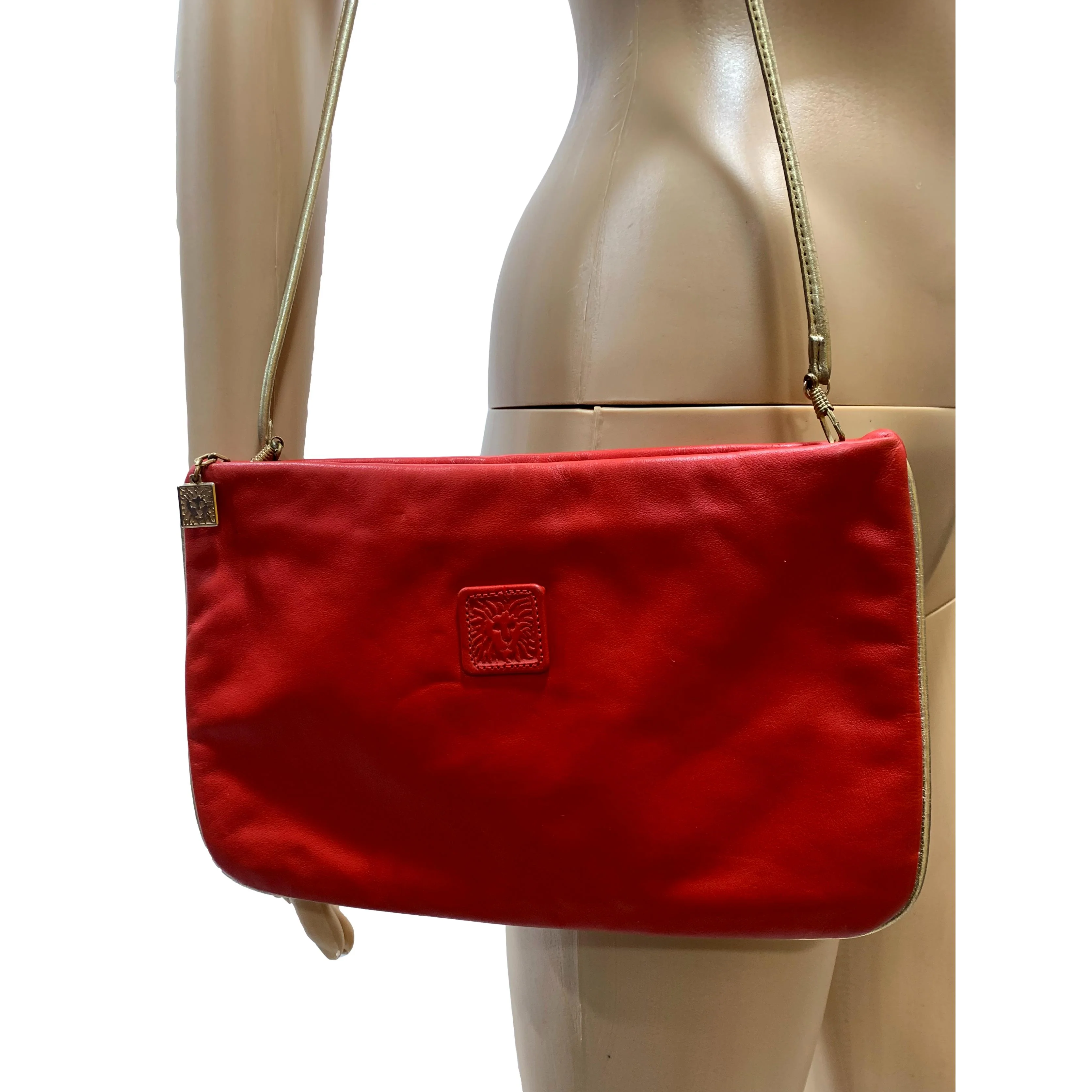 80s Red And Gold Leather Shoulder Bag Lion Logo By Anne Klein - Image 3
