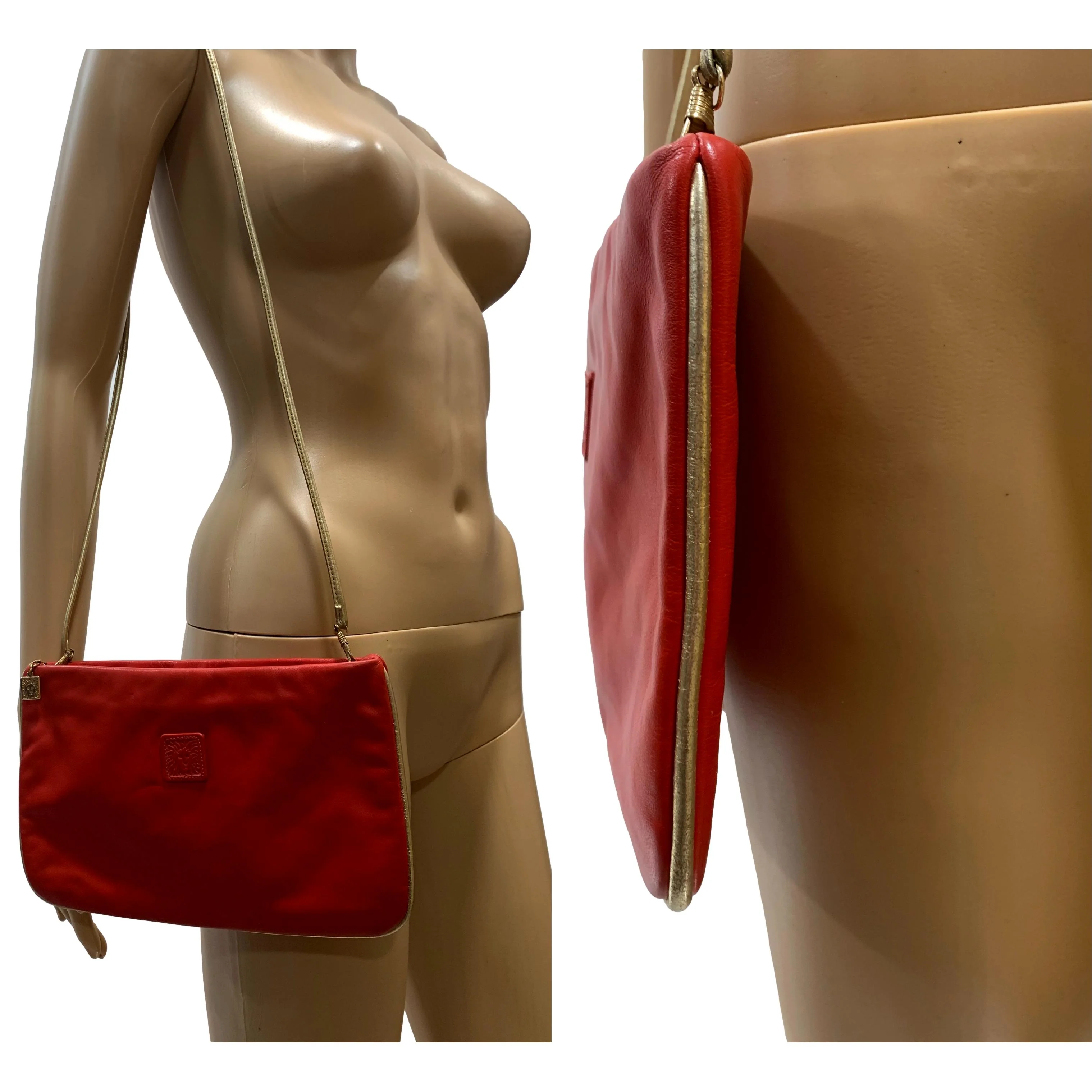 80s Red And Gold Leather Shoulder Bag Lion Logo By Anne Klein - Image 6