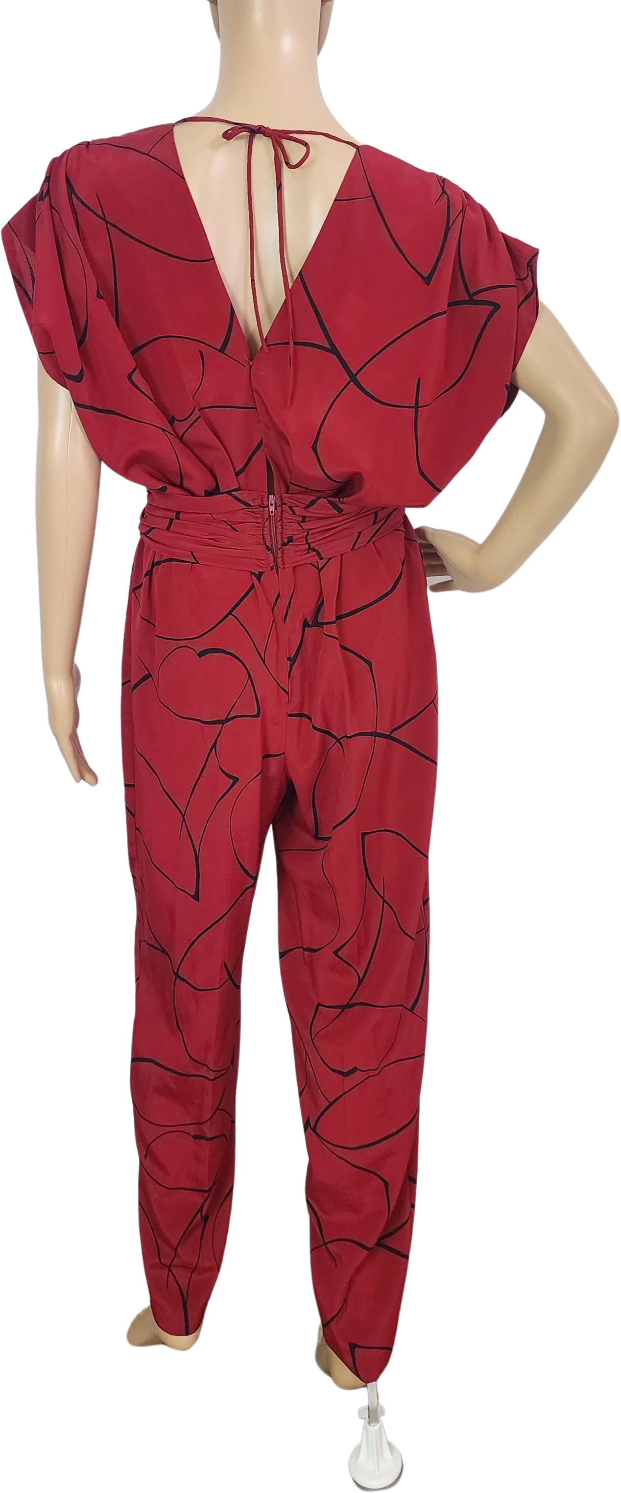 80s Red Black Abstract Print Jumpsuit Deep V-neck By Secrets - Image 2