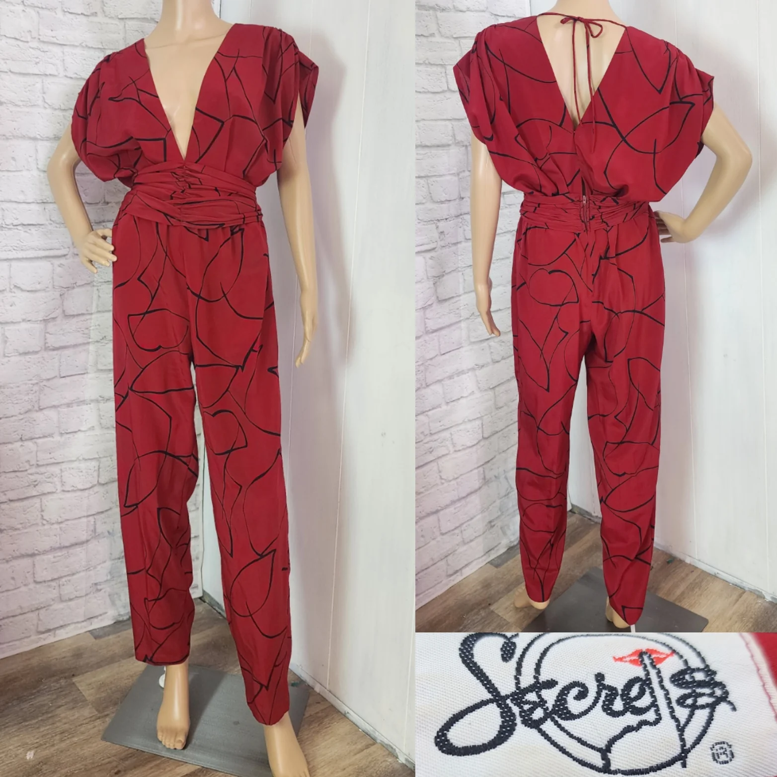 80s Red Black Abstract Print Jumpsuit Deep V-neck By Secrets - Image 3