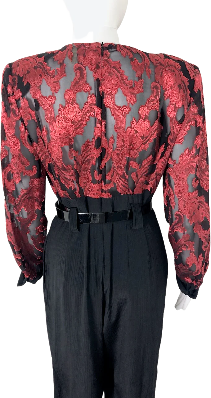 80s Red Damask And Black Mesh Jumpsuit By Menu - Image 2