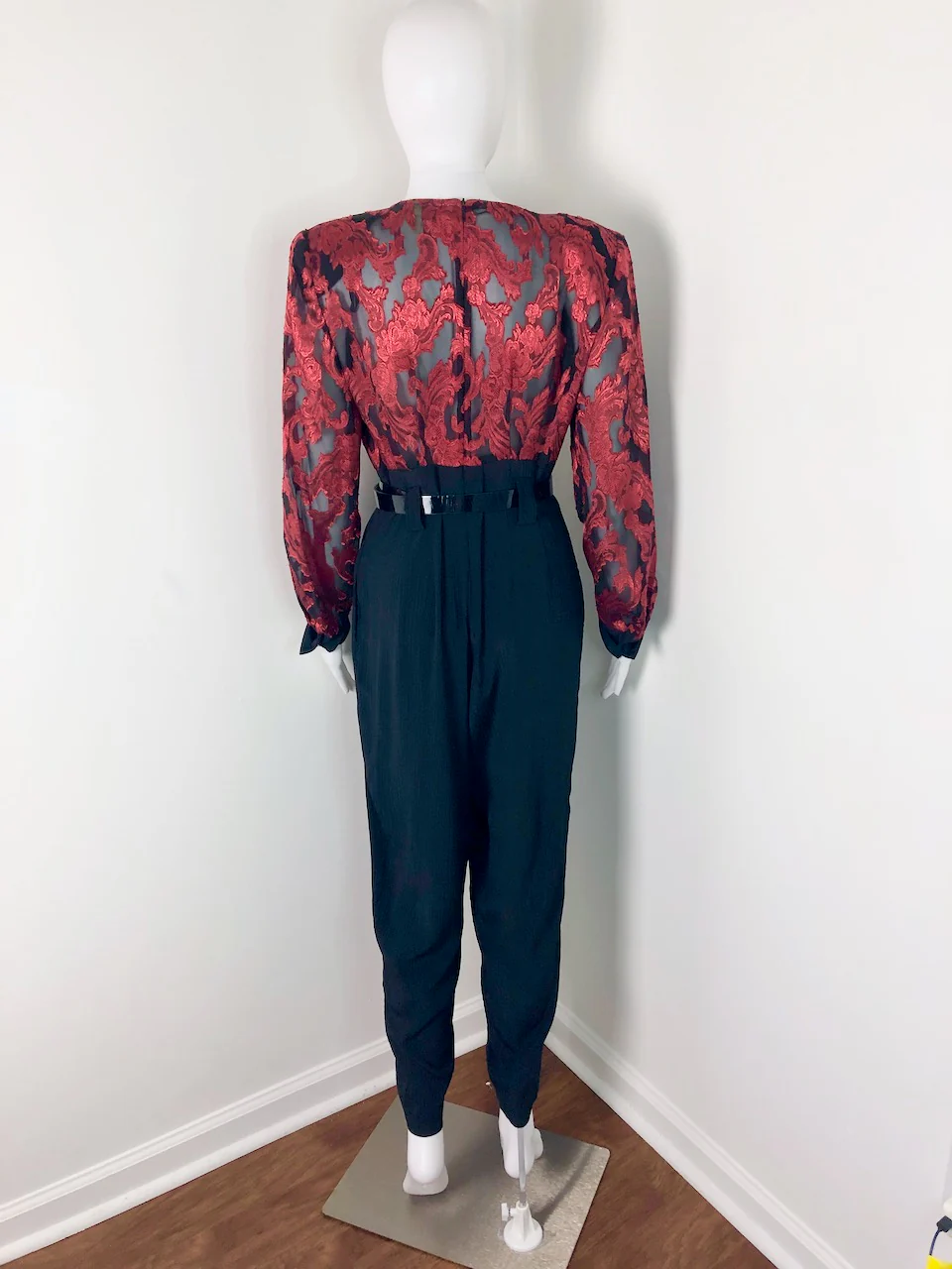 80s Red Damask And Black Mesh Jumpsuit By Menu - Image 7
