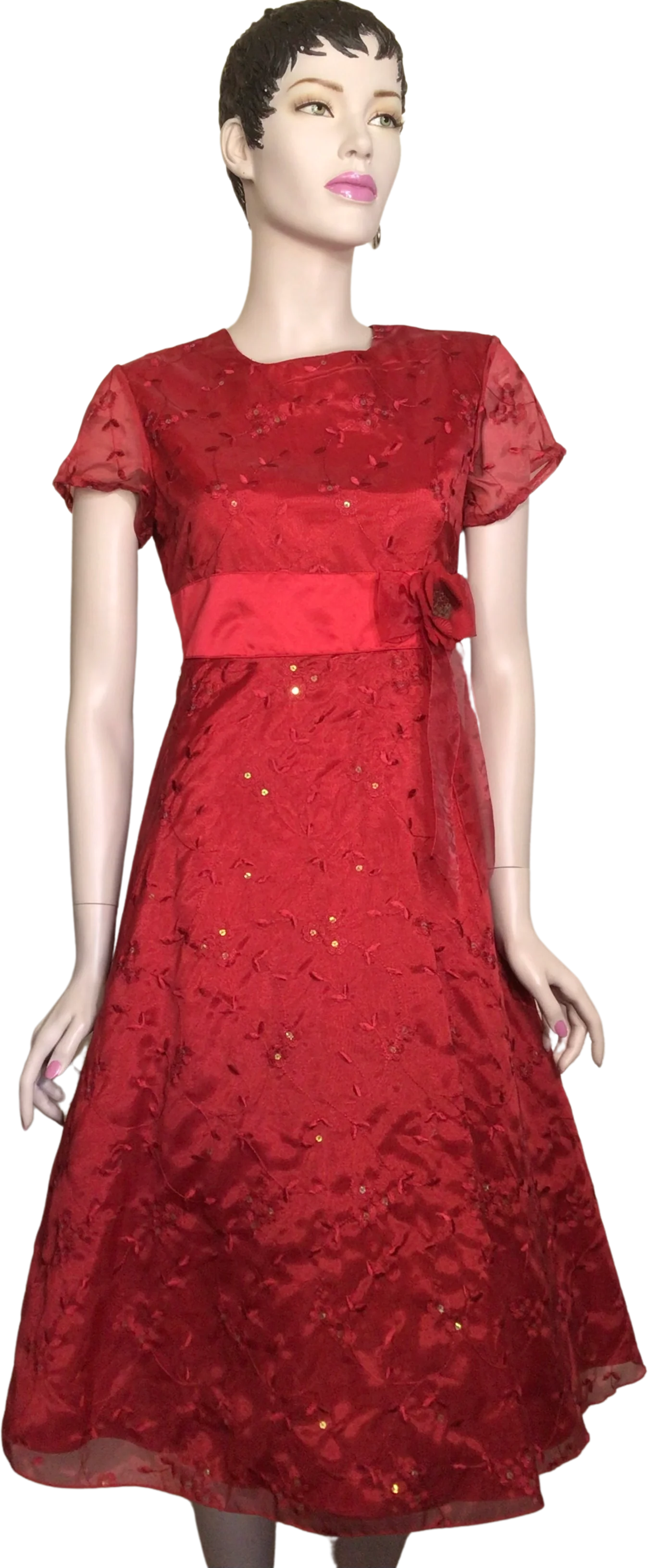 80s Red Embroidered Floral Flower Sash Christmas Dress By Bonnie Jean