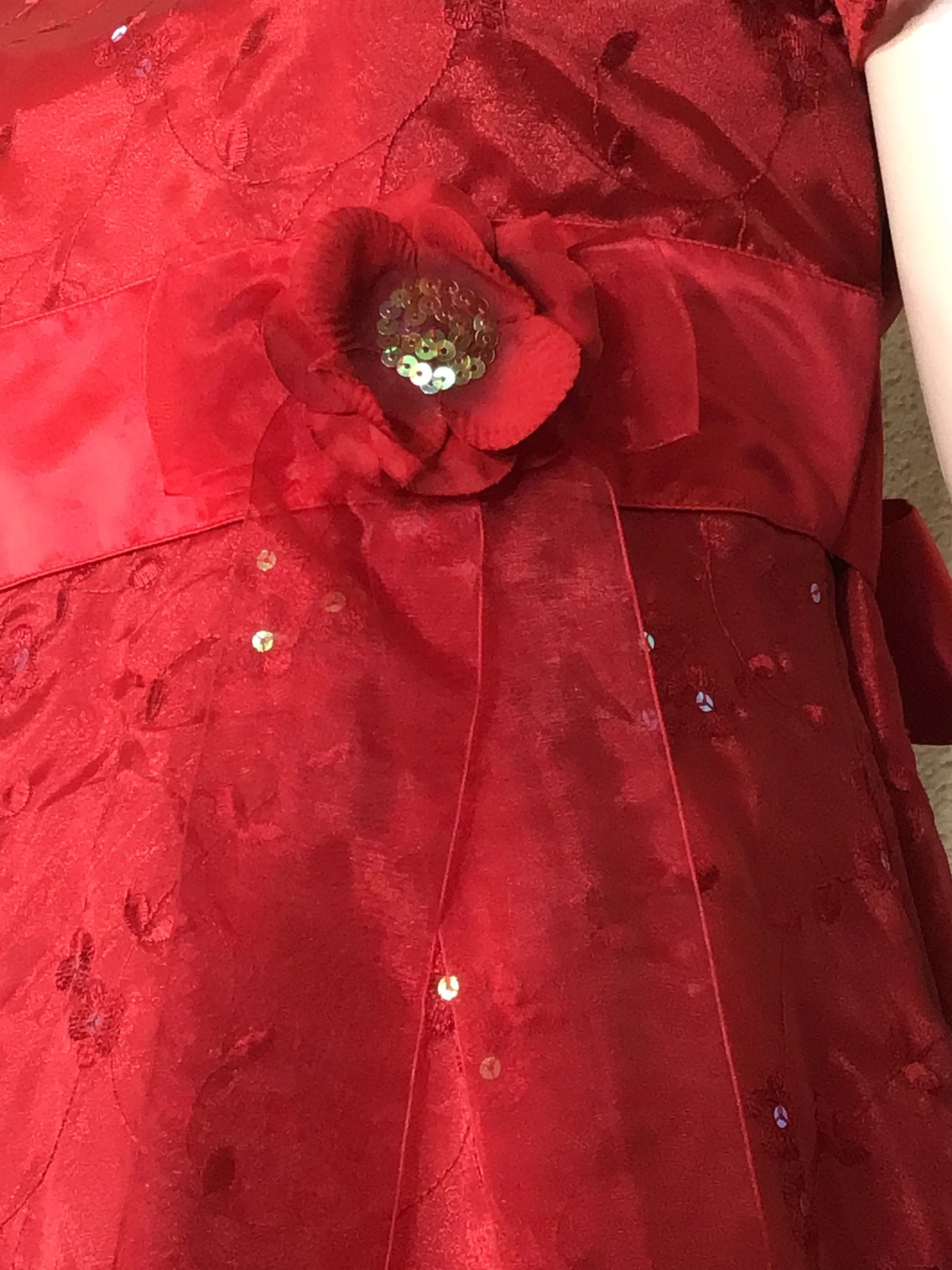 80s Red Embroidered Floral Flower Sash Christmas Dress By Bonnie Jean - Image 4
