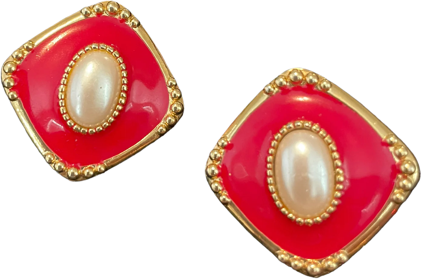 80s Red Enamel Pearl Statement Earrings Art Deco Gold - Image 3