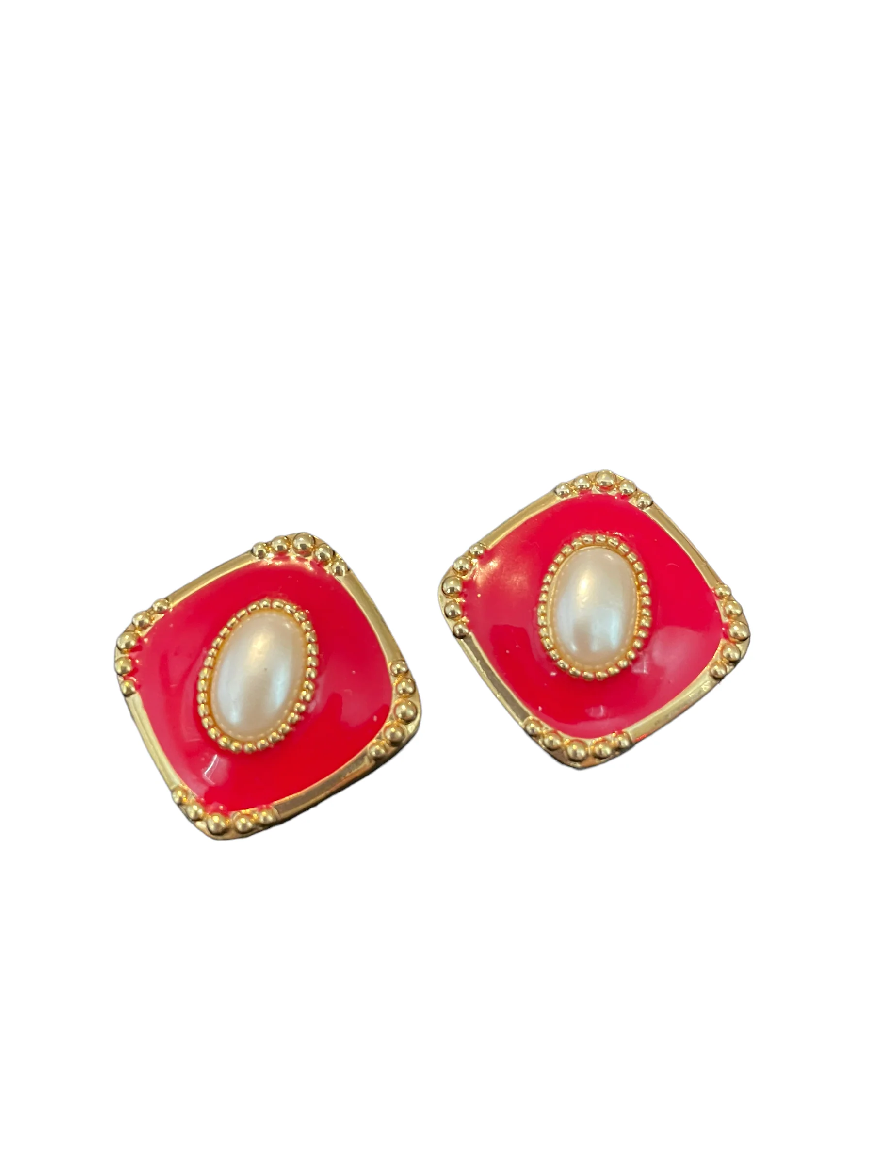 80s Red Enamel Pearl Statement Earrings Art Deco Gold - Image 4