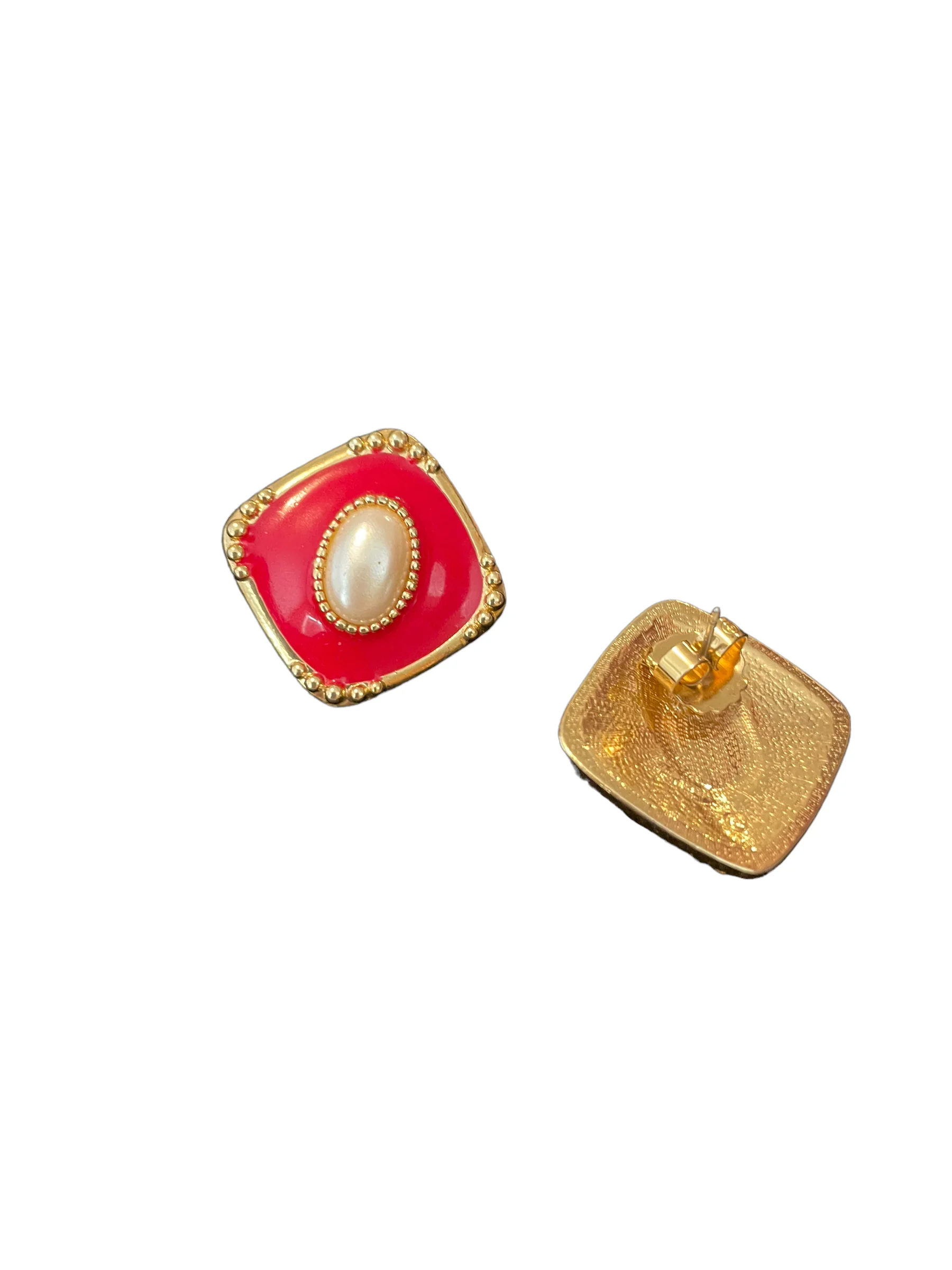80s Red Enamel Pearl Statement Earrings Art Deco Gold - Image 6