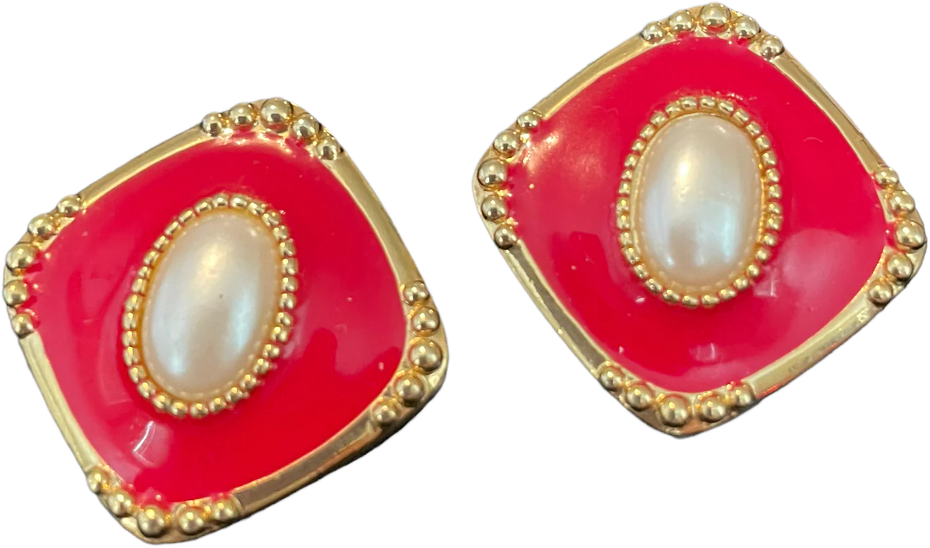 80s Red Enamel Pearl Statement Earrings Art Deco Gold - Image 7