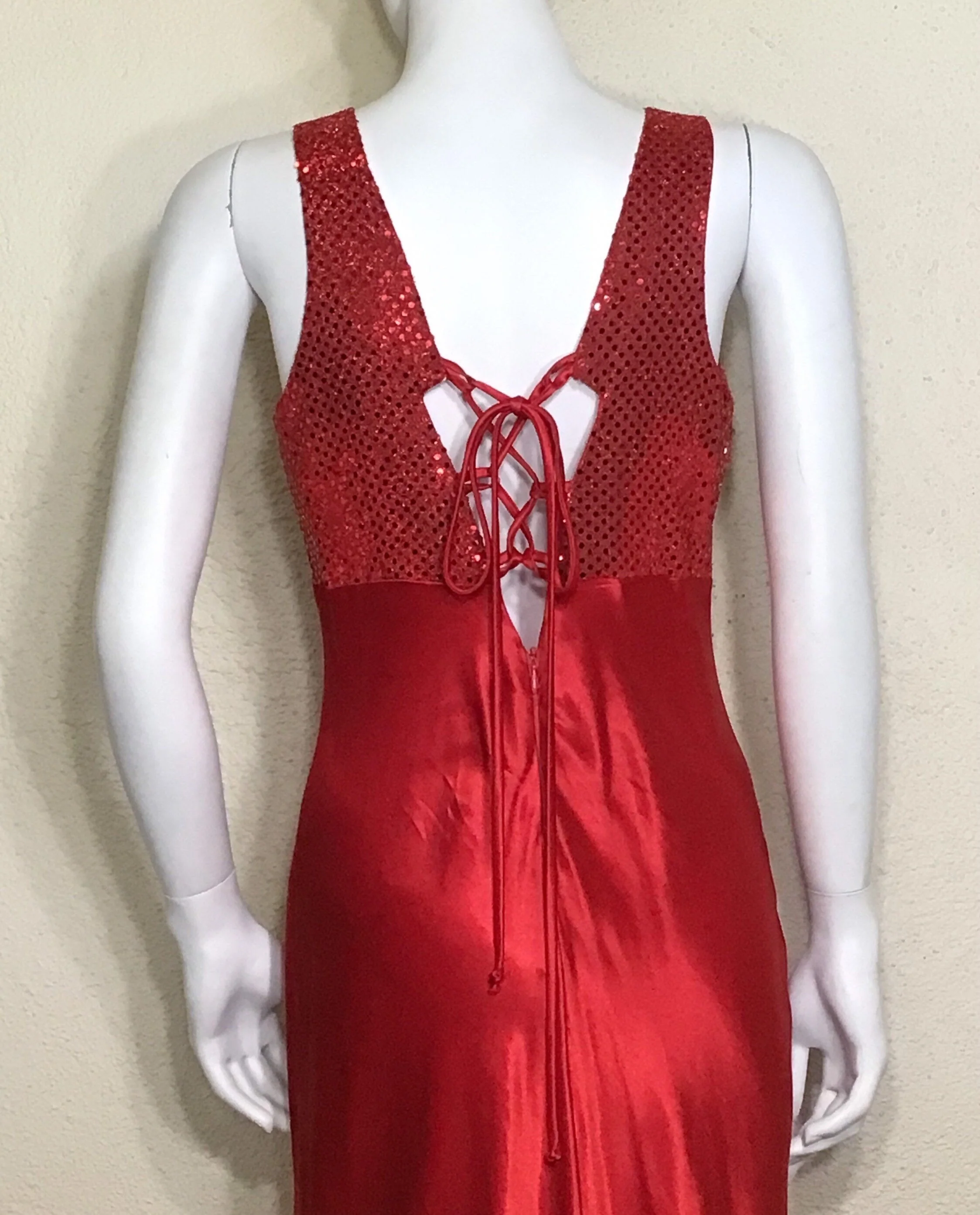 80s Red Metallic Long Sleeve Tie Up Maxi Dress Jacket By Fiesta - Image 5