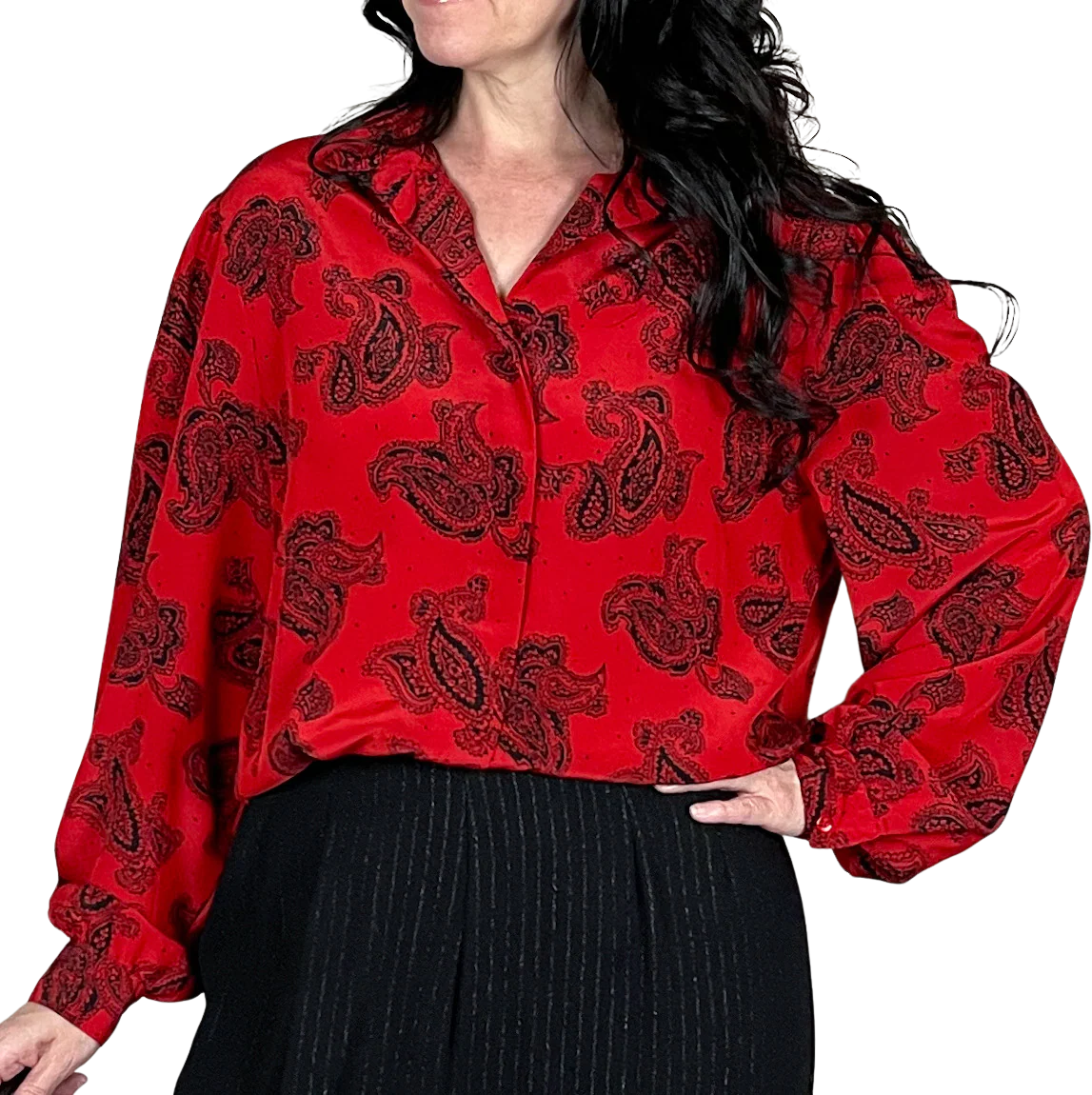 80s Red Paisley Print Long Sleeve Button Up Blouse By Personal