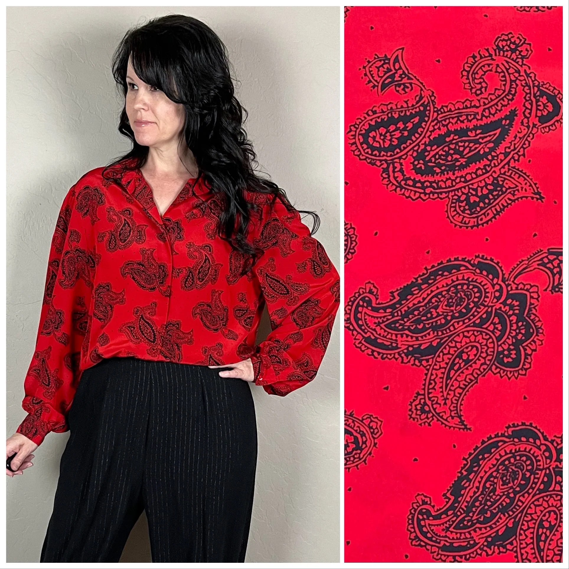 80s Red Paisley Print Long Sleeve Button Up Blouse By Personal - Image 3