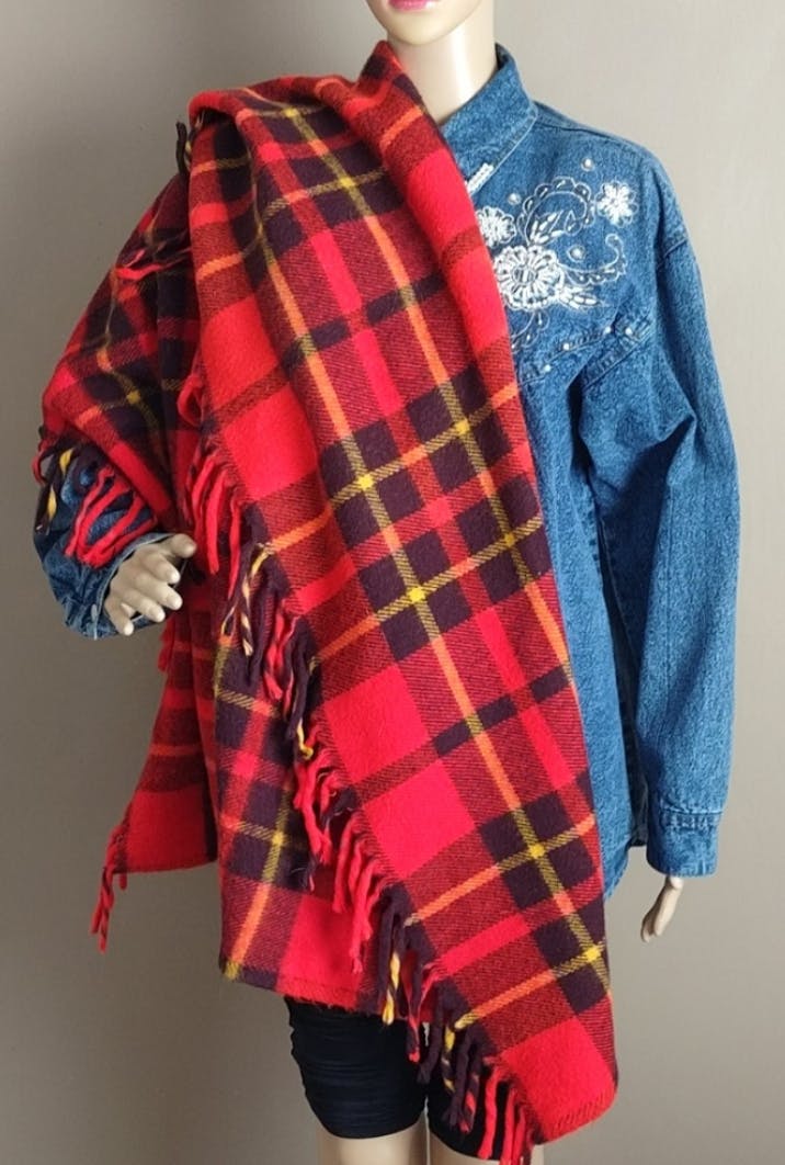 80's Red Plaid Fringe Wrap by Faribo - Image 3