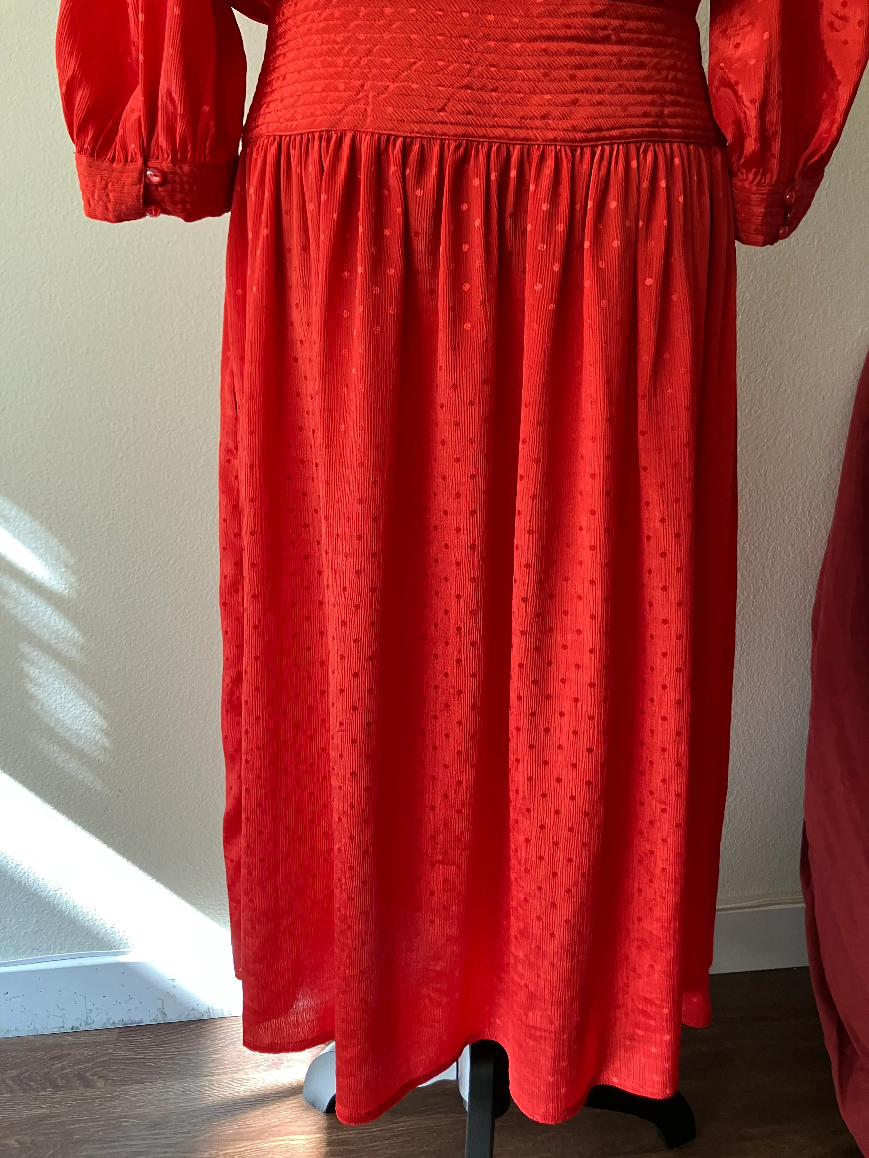 80s Red Polka Dot Fit And Flare Dress Quilted Detail By Sunshine Starshine - Image 10