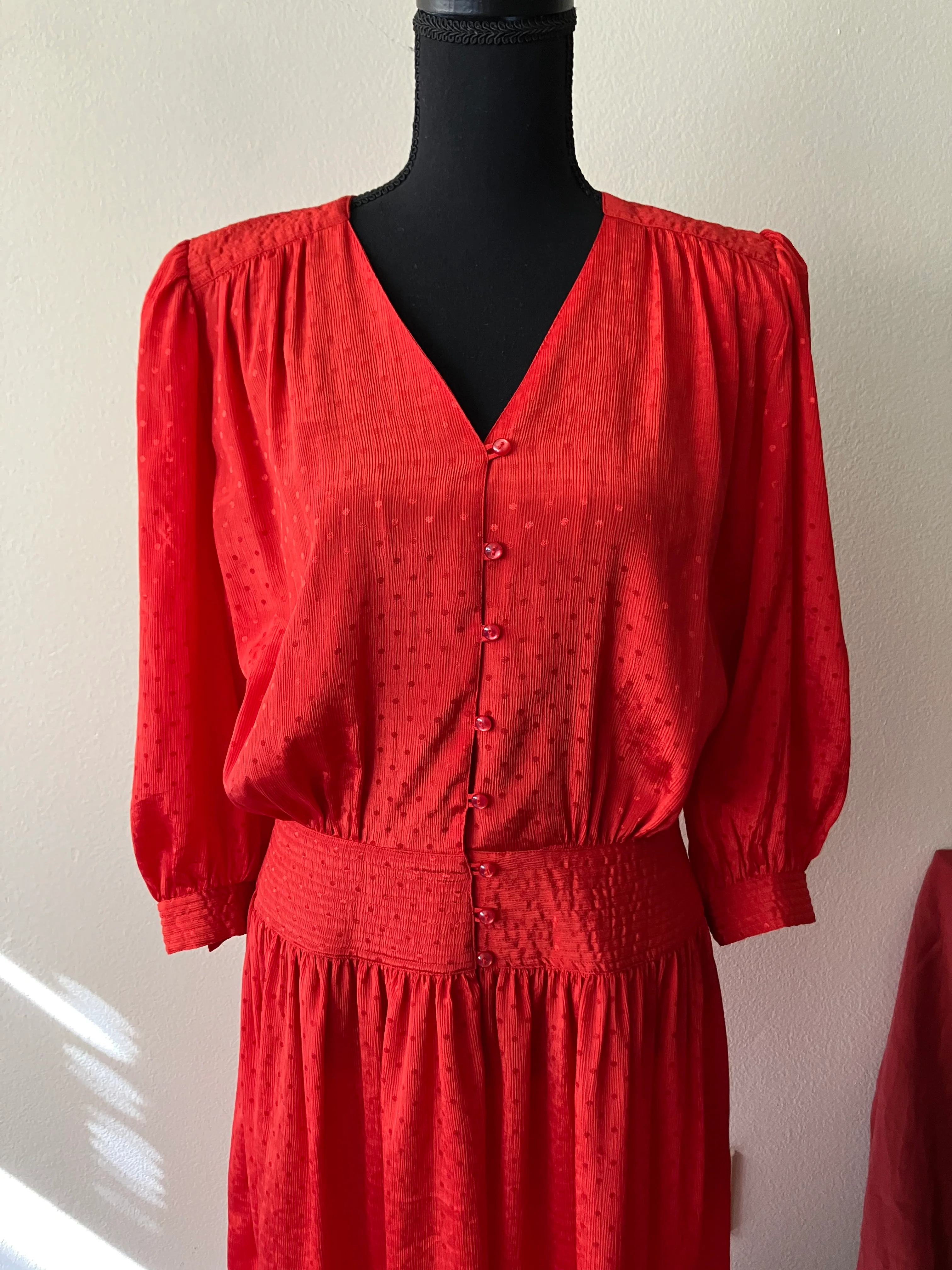 80s Red Polka Dot Fit And Flare Dress Quilted Detail By Sunshine Starshine - Image 3
