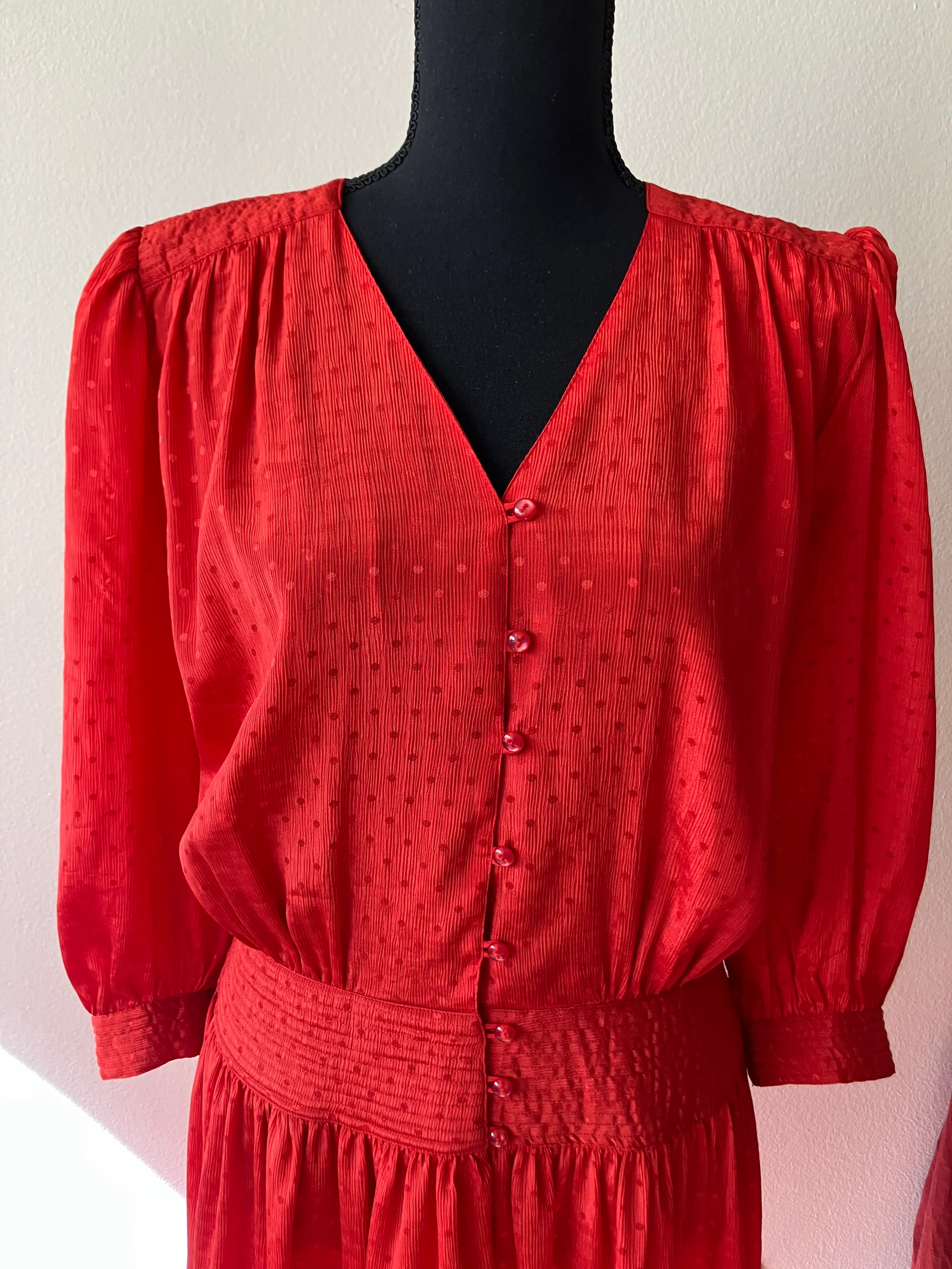 80s Red Polka Dot Fit And Flare Dress Quilted Detail By Sunshine Starshine - Image 4