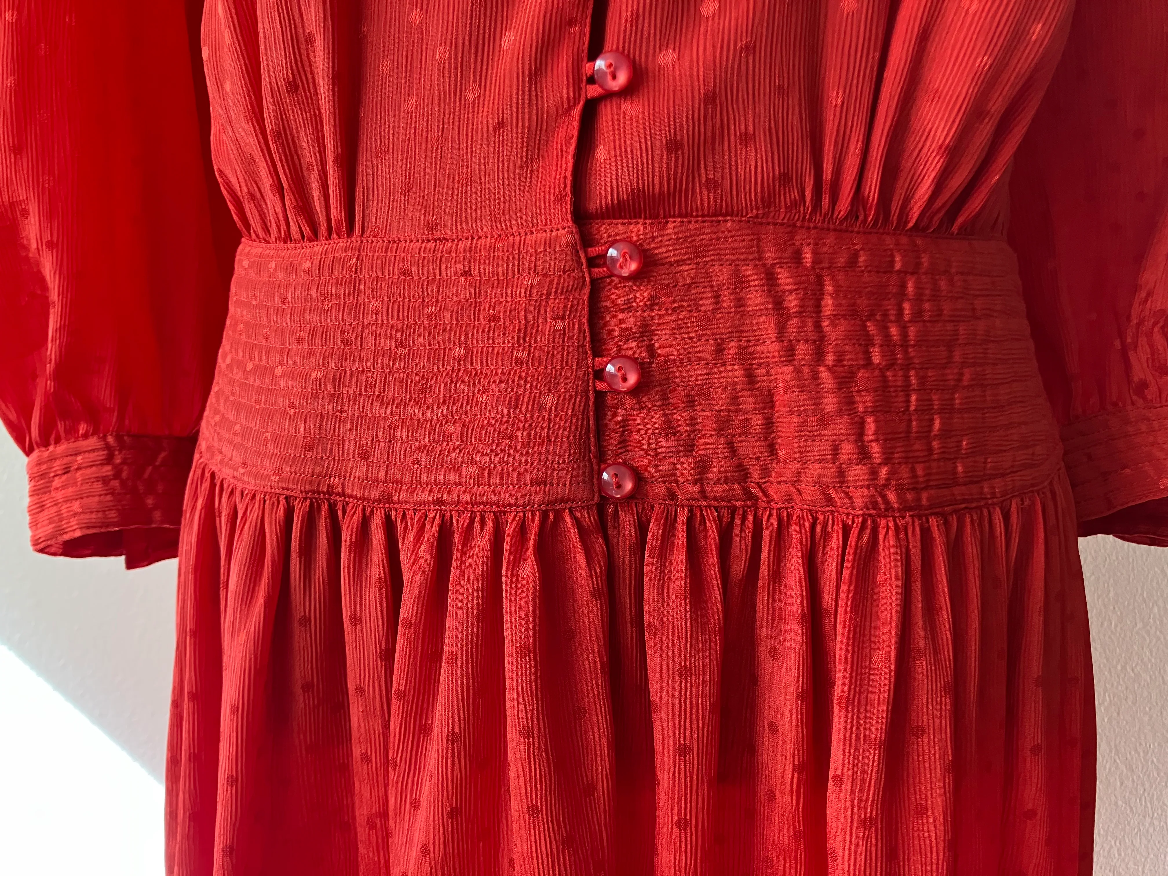 80s Red Polka Dot Fit And Flare Dress Quilted Detail By Sunshine Starshine - Image 6