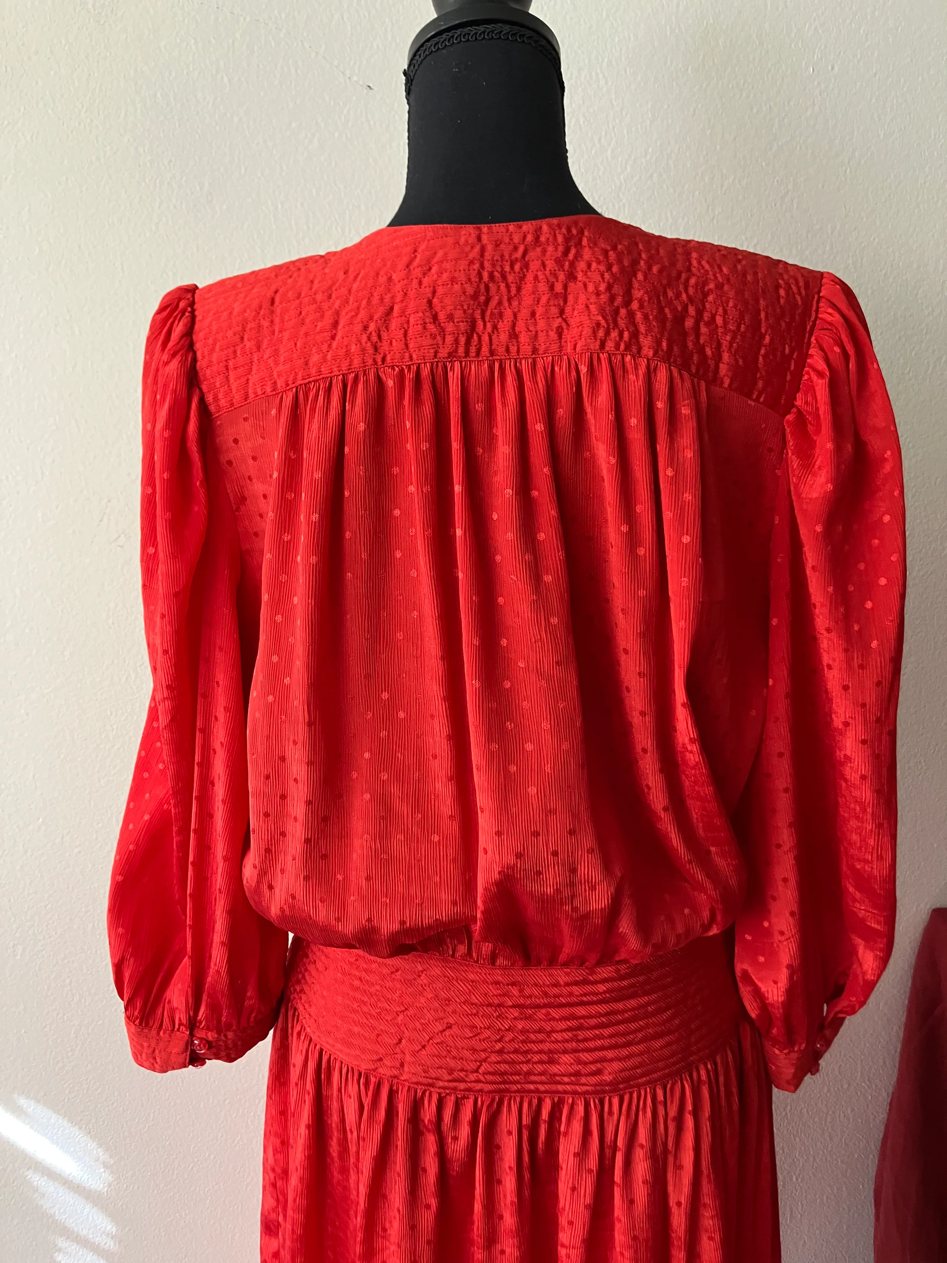 80s Red Polka Dot Fit And Flare Dress Quilted Detail By Sunshine Starshine - Image 7