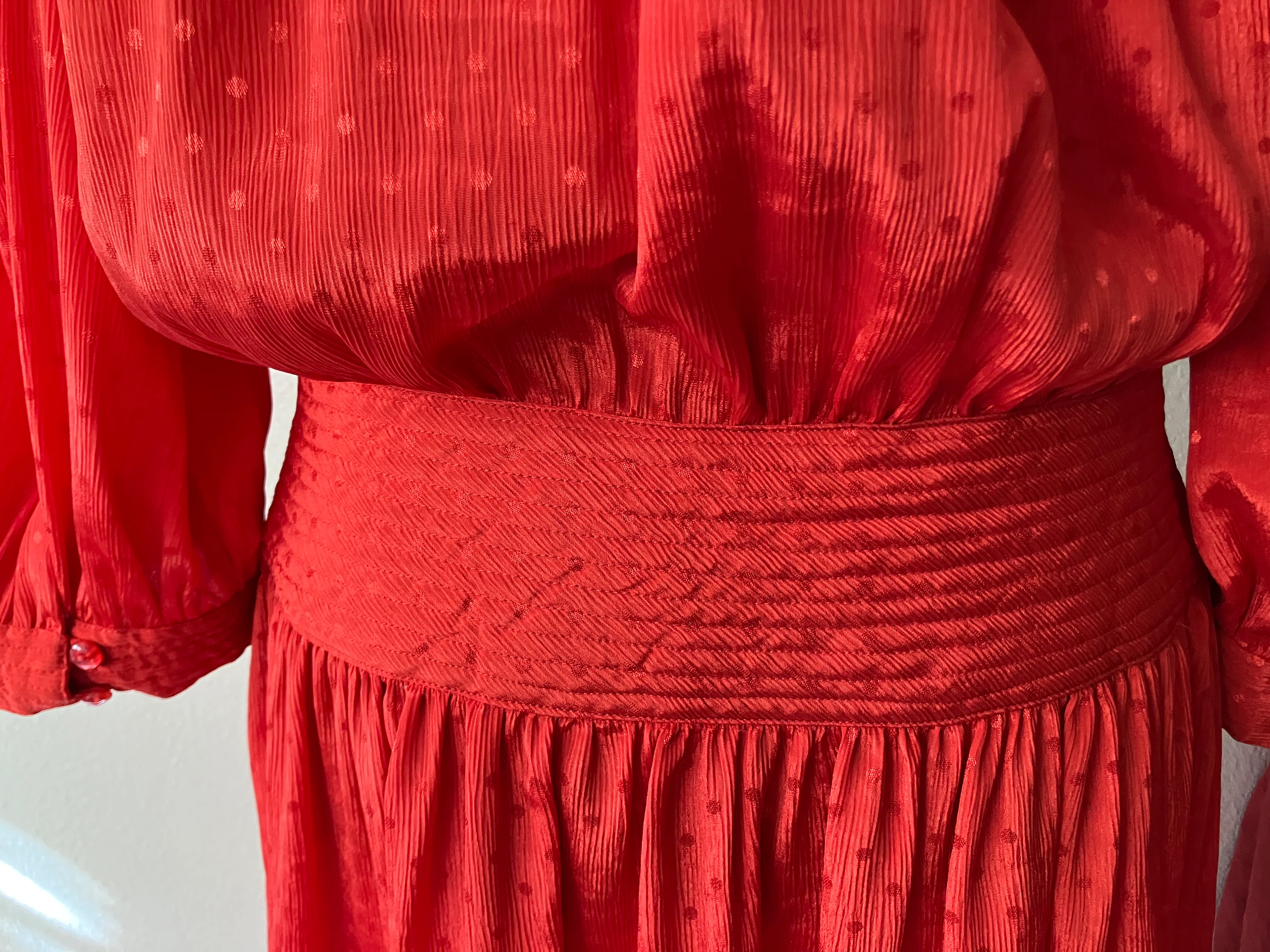 80s Red Polka Dot Fit And Flare Dress Quilted Detail By Sunshine Starshine - Image 9
