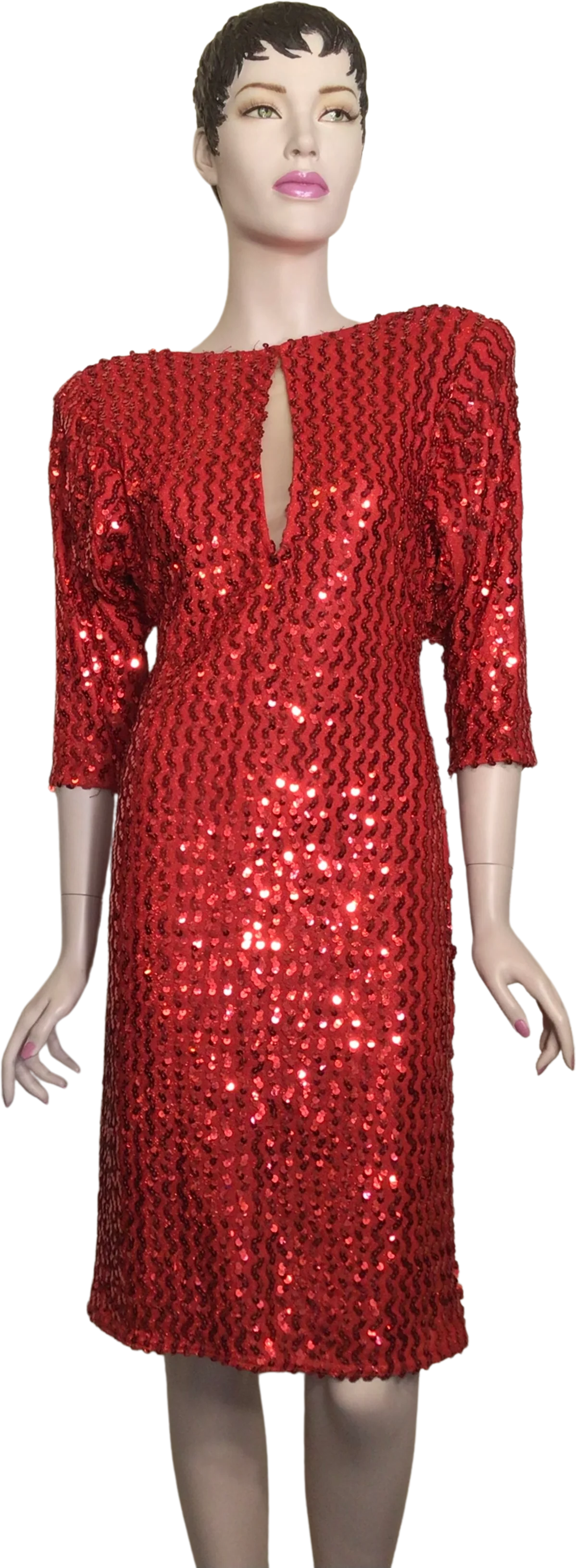 80s Red Quarter Sleeve Metallic Sequin Midi Dress By Moments