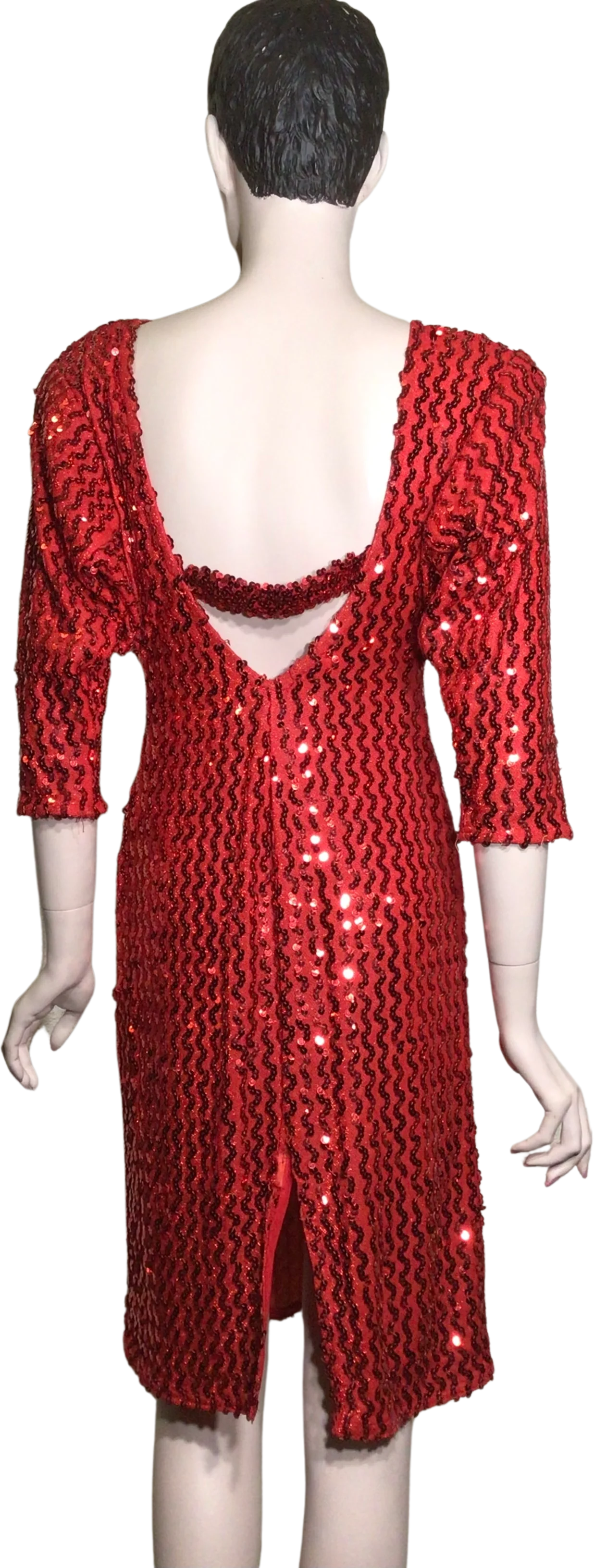 80s Red Quarter Sleeve Metallic Sequin Midi Dress By Moments - Image 2
