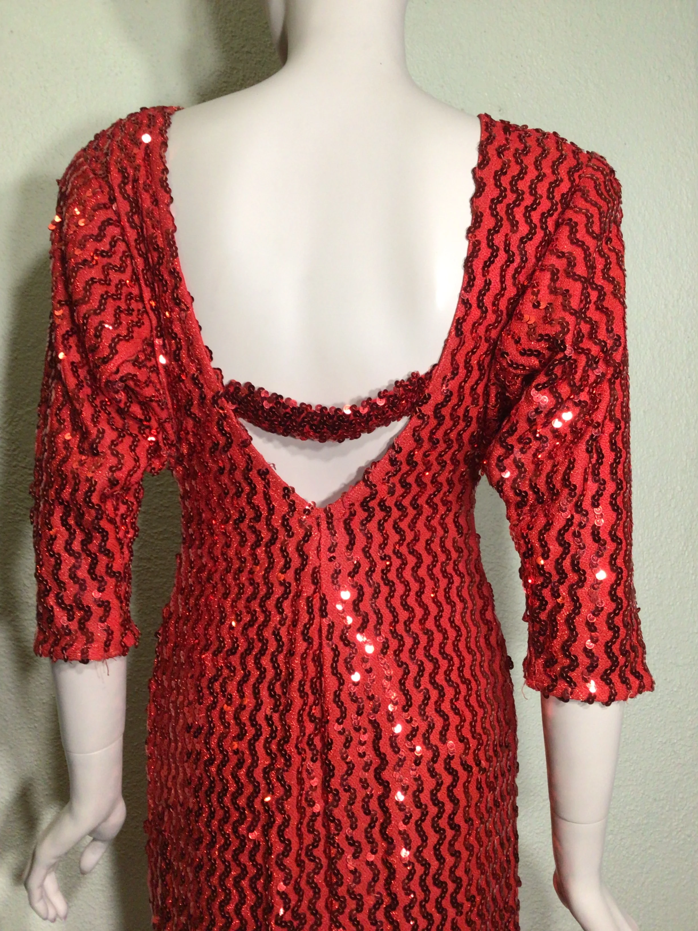 80s Red Quarter Sleeve Metallic Sequin Midi Dress By Moments - Image 6