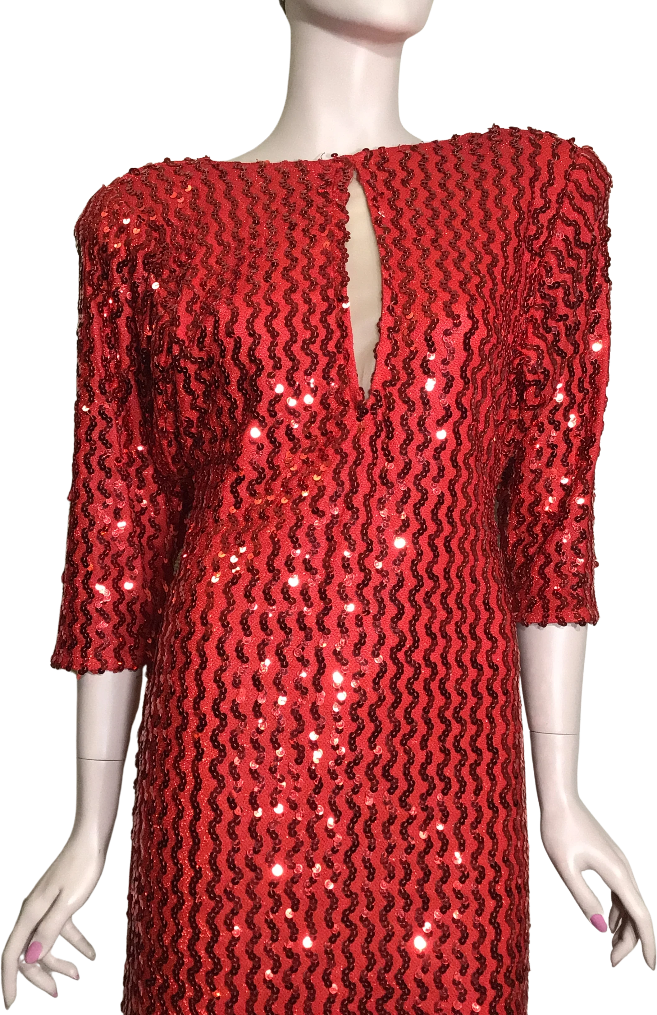 80s Red Quarter Sleeve Metallic Sequin Midi Dress By Moments - Image 8
