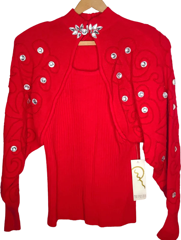 80s Red Rhinestone Embellished Sweater By The Prisma Collection